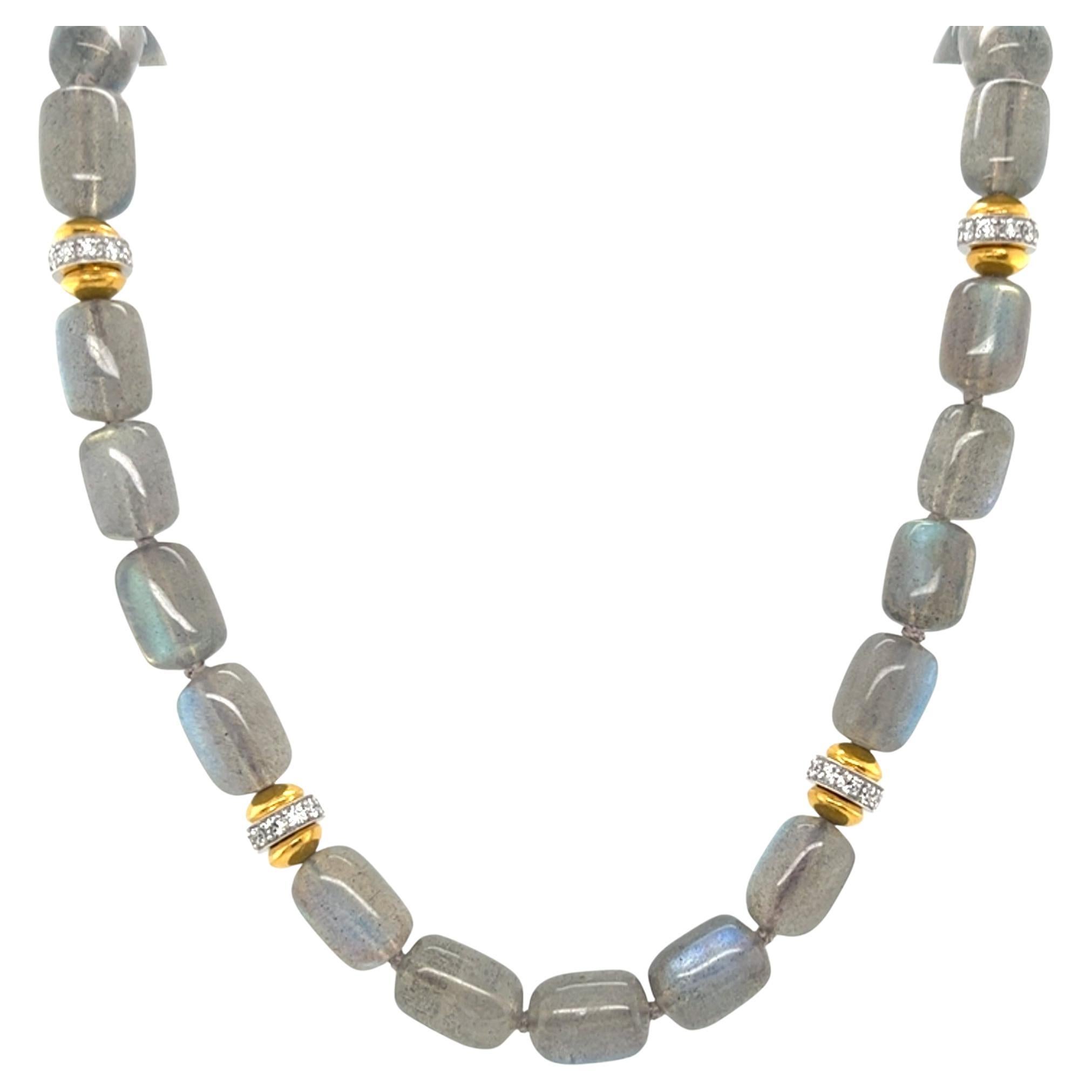 Labradorite Bead Necklace with Diamond and 18k Gold Accents, 18.5 Inches