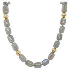 Labradorite Bead Necklace with Diamond and 18k Gold Accents, 18.5 Inches