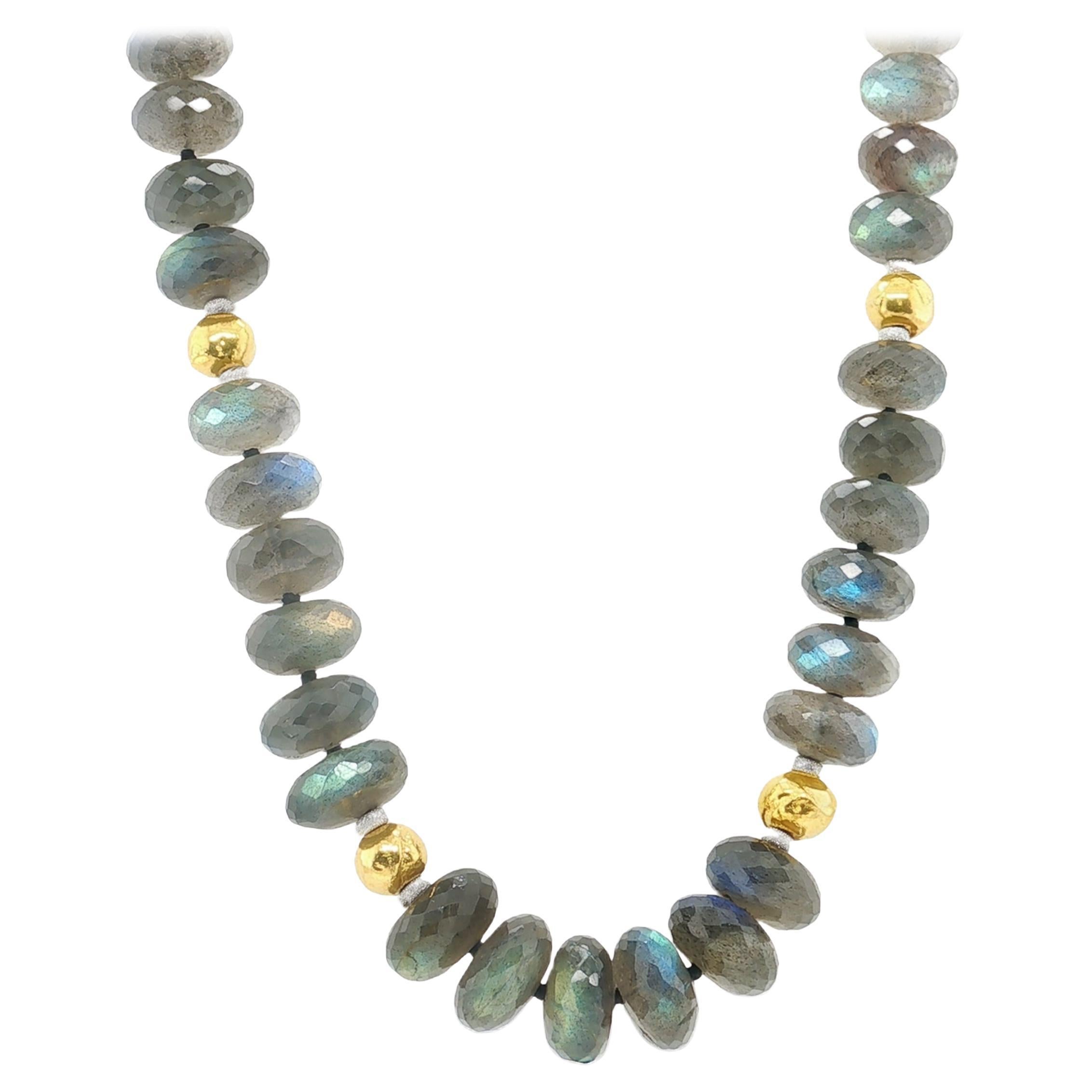Labradorite Beaded Necklace by Sarosi, 18k Yellow Gold Accents, 22"