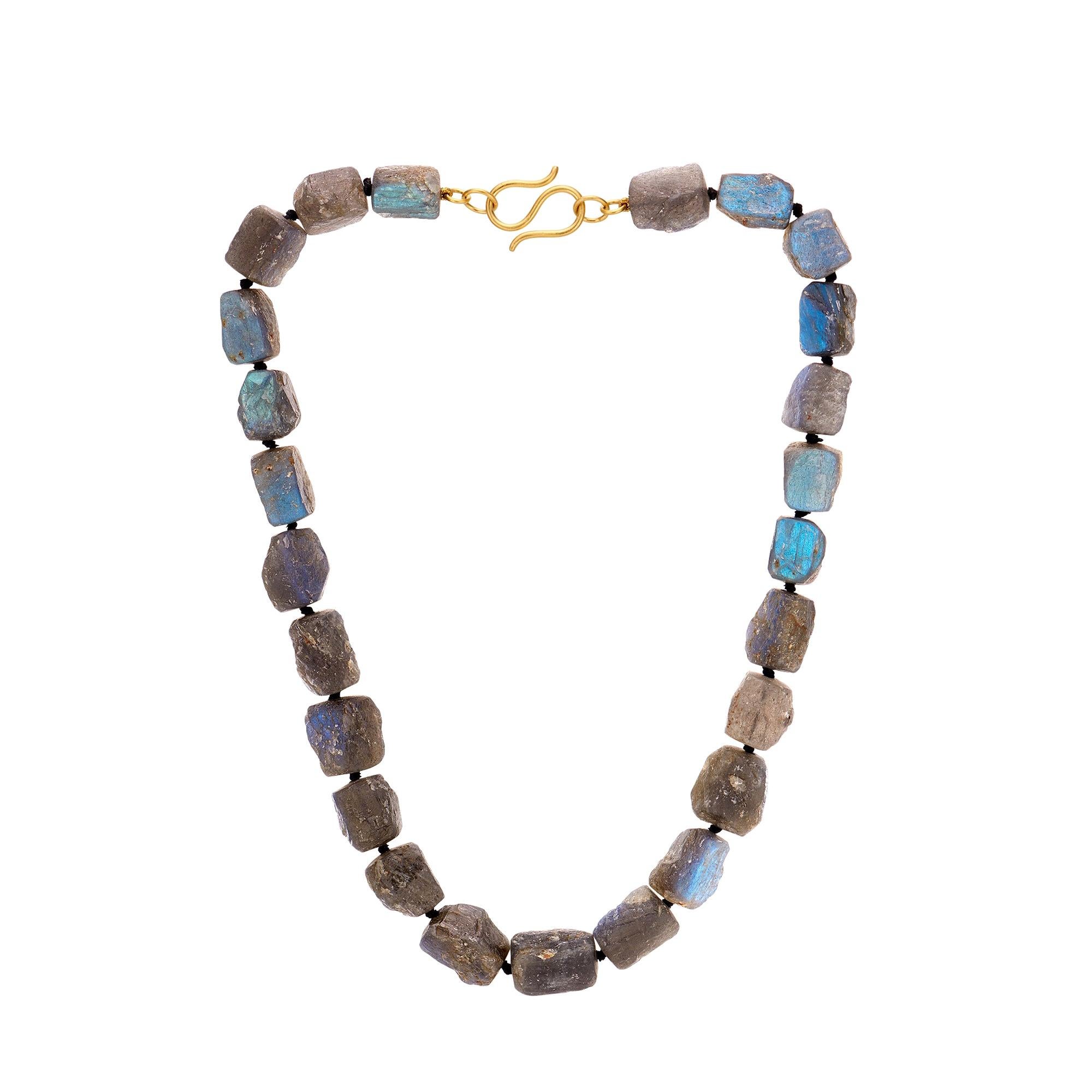 Labradorite Beaded Necklace with Blue Iridescent Flashes and 22 Gold Clasp