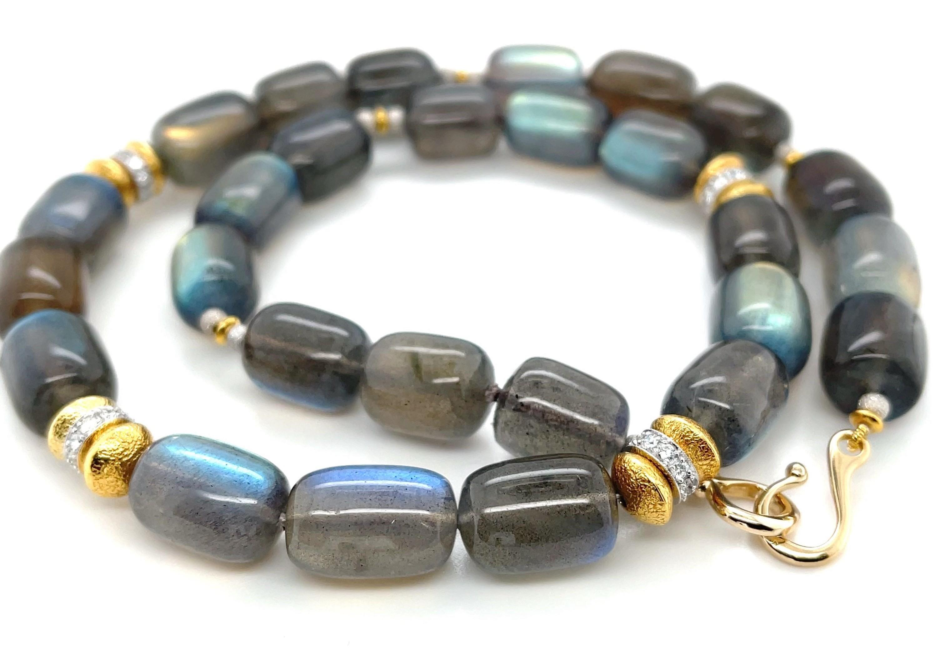 Artisan Labradorite Beaded Necklace with Diamond and 18k Gold Accents, 19.5 Inches