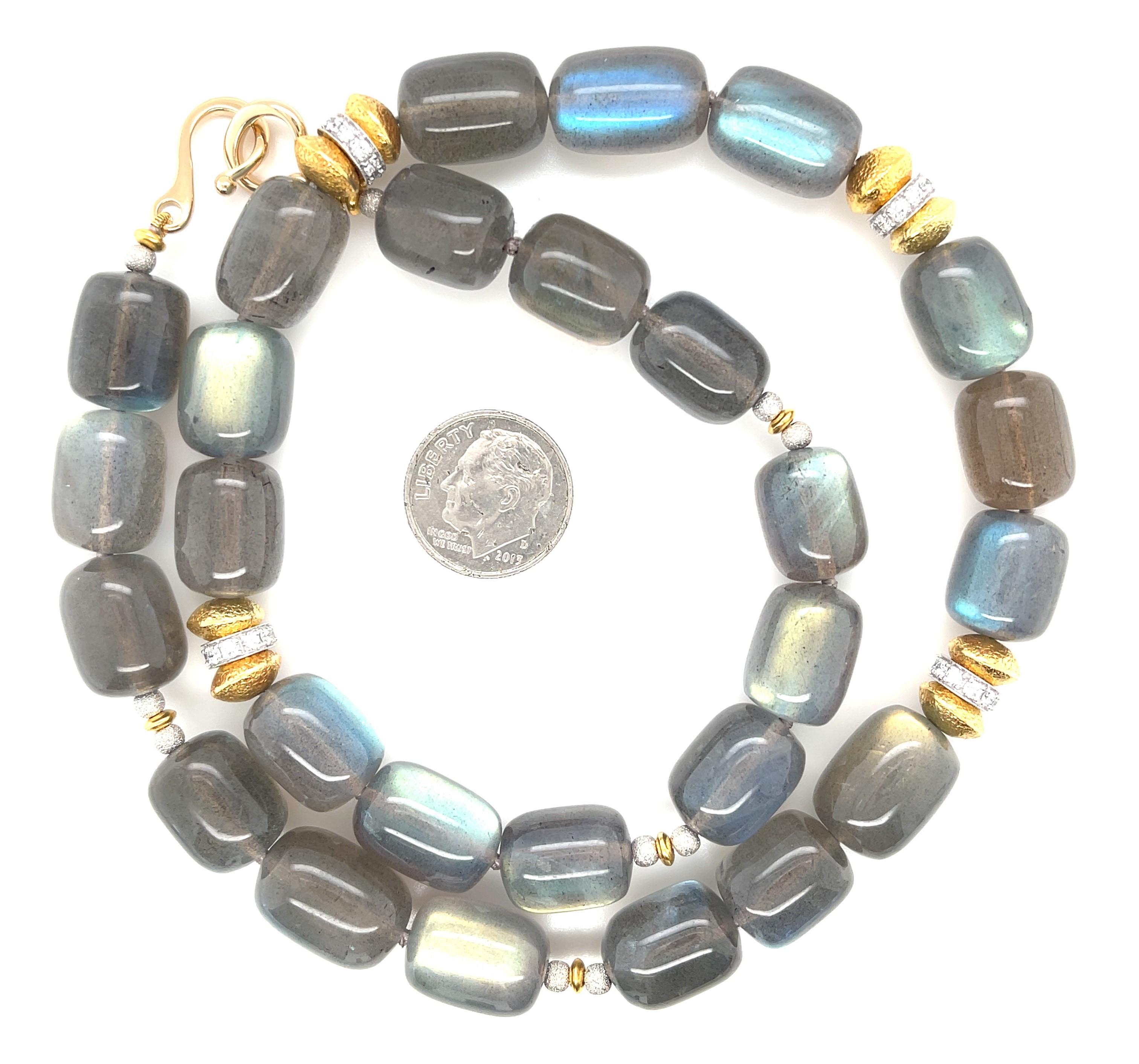 Women's or Men's Labradorite Beaded Necklace with Diamond and 18k Gold Accents, 19.5 Inches
