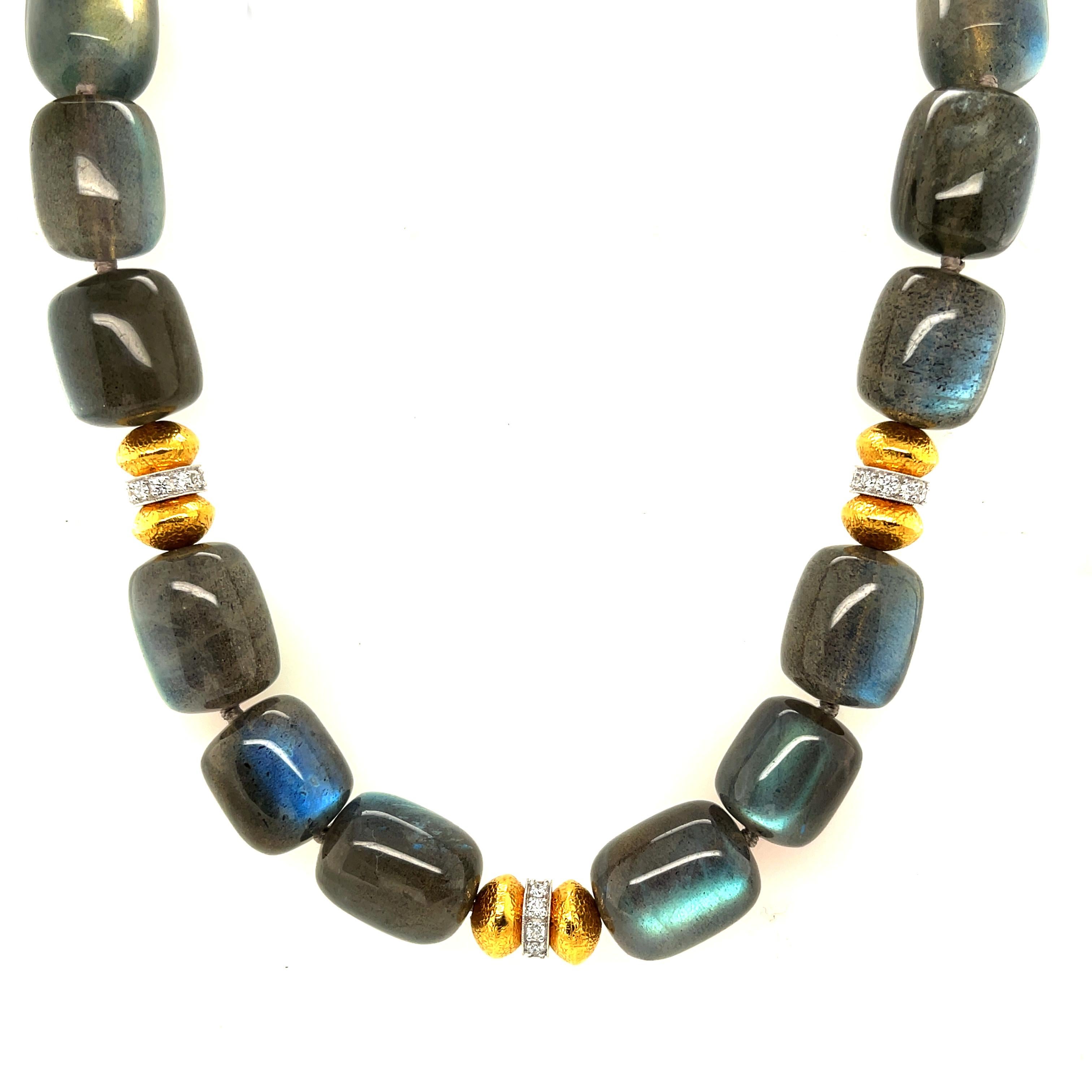 Artisan  Labradorite Beaded Necklace with Diamonds and Yellow Gold Accents, 19 Inches