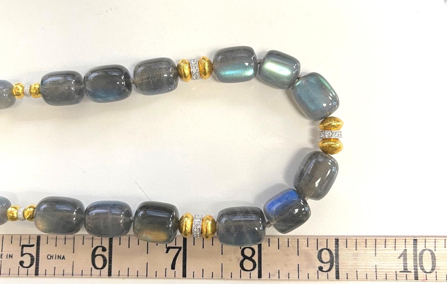  Labradorite Beaded Necklace with Diamonds and Yellow Gold Accents, 19 Inches In New Condition In Los Angeles, CA