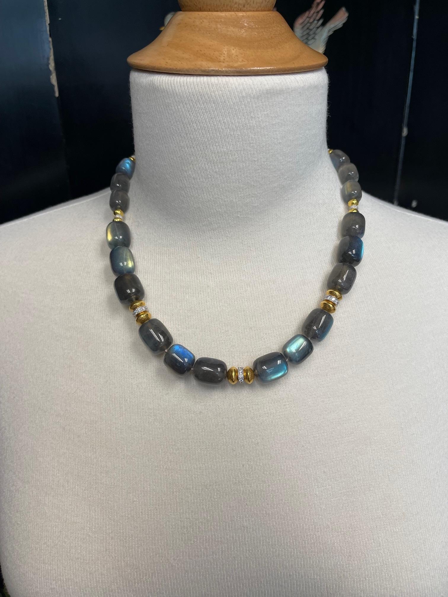  Labradorite Beaded Necklace with Diamonds and Yellow Gold Accents, 19 Inches 2