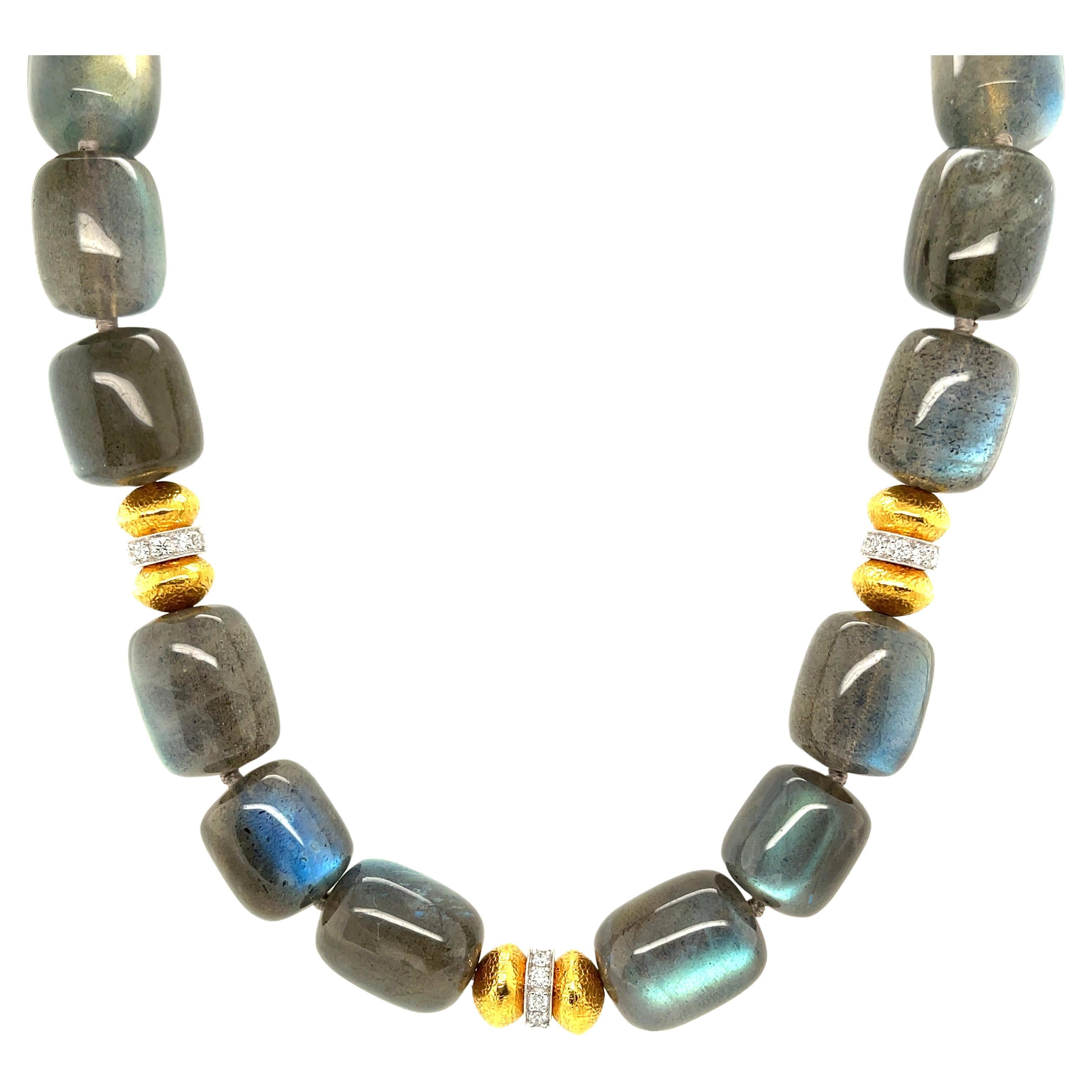  Labradorite Beaded Necklace with Diamonds and Yellow Gold Accents, 19 Inches