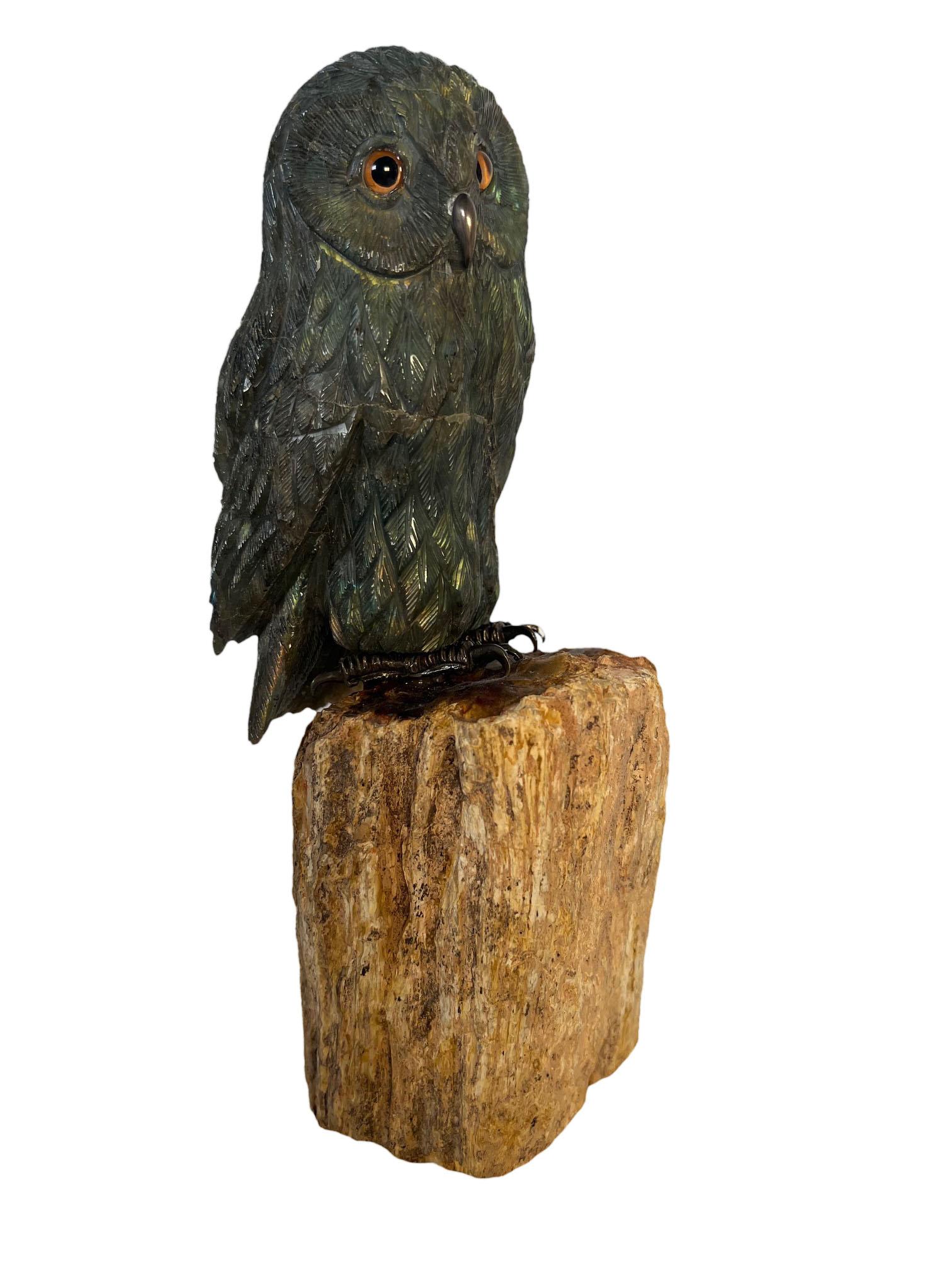 American Labradorite Carved Owl For Sale