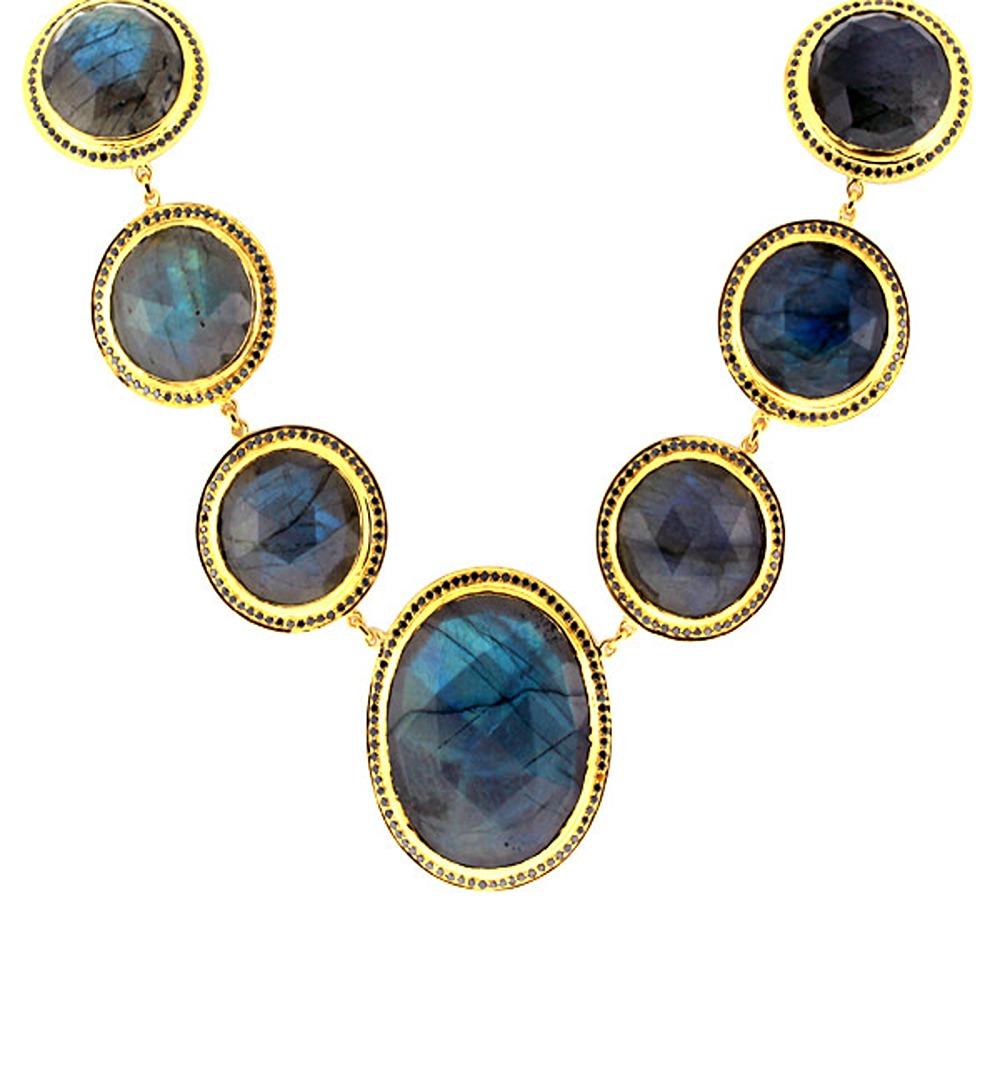 Artisan Labradorite Chain Neckalce Accented With Diamonds Made In 18k Yellow Gold For Sale
