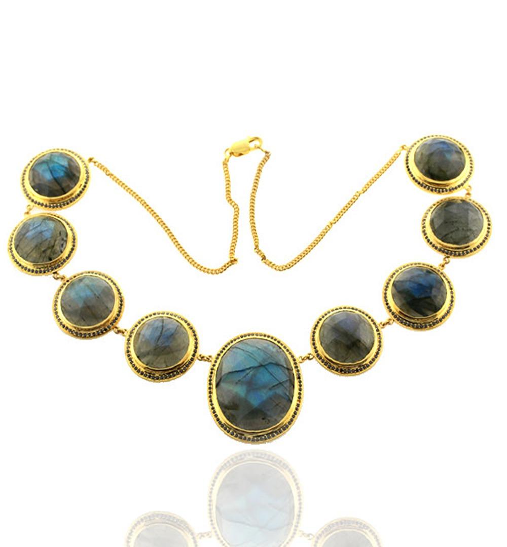Mixed Cut Labradorite Chain Neckalce Accented With Diamonds Made In 18k Yellow Gold For Sale