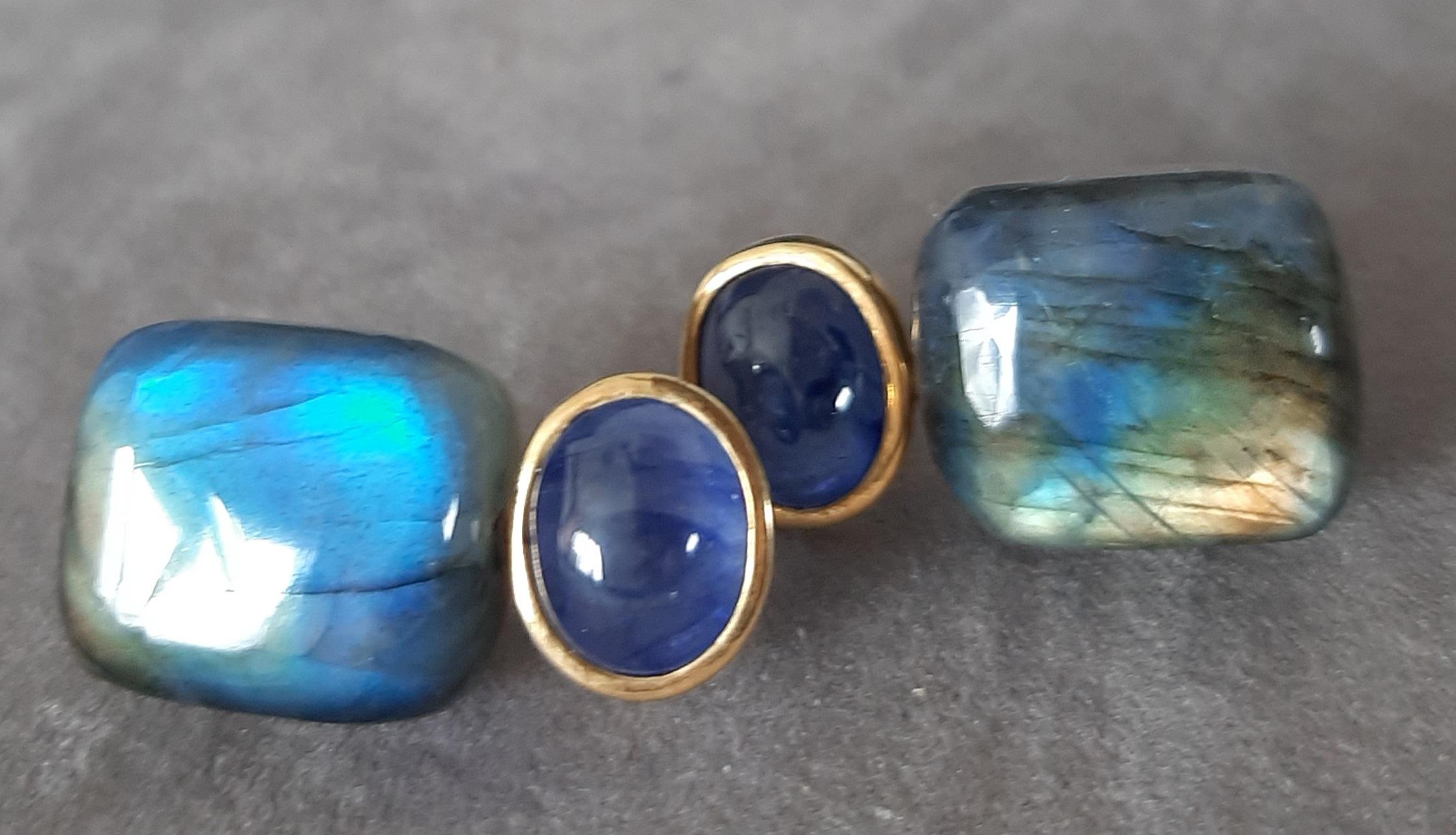 Labradorit Cushion Form Cabs blauer Saphir Cabs 14k Solid Gold Stud Ohrringe im Angebot 4