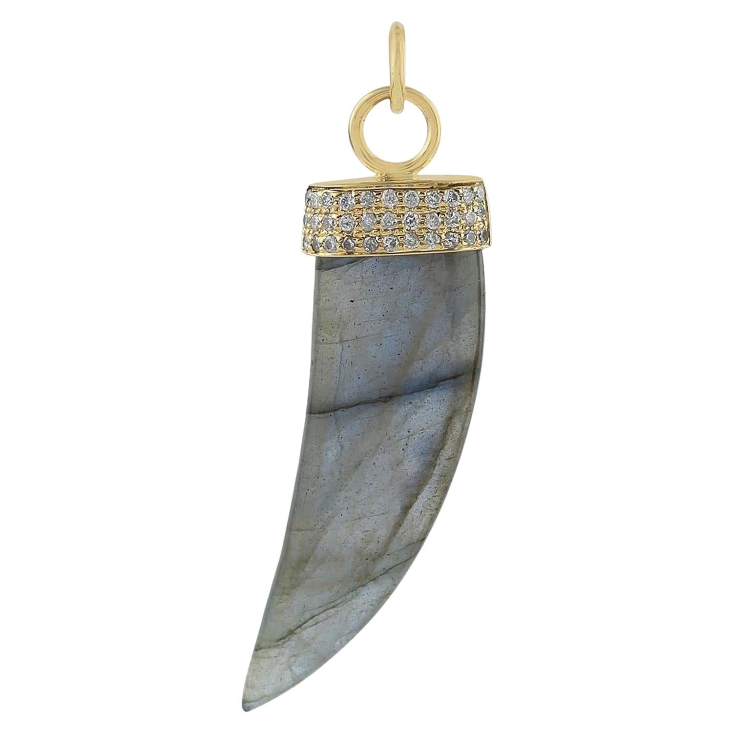 Labradorite Diamond 14 Karat Gold Horn Tusk Charm Pendant Necklace