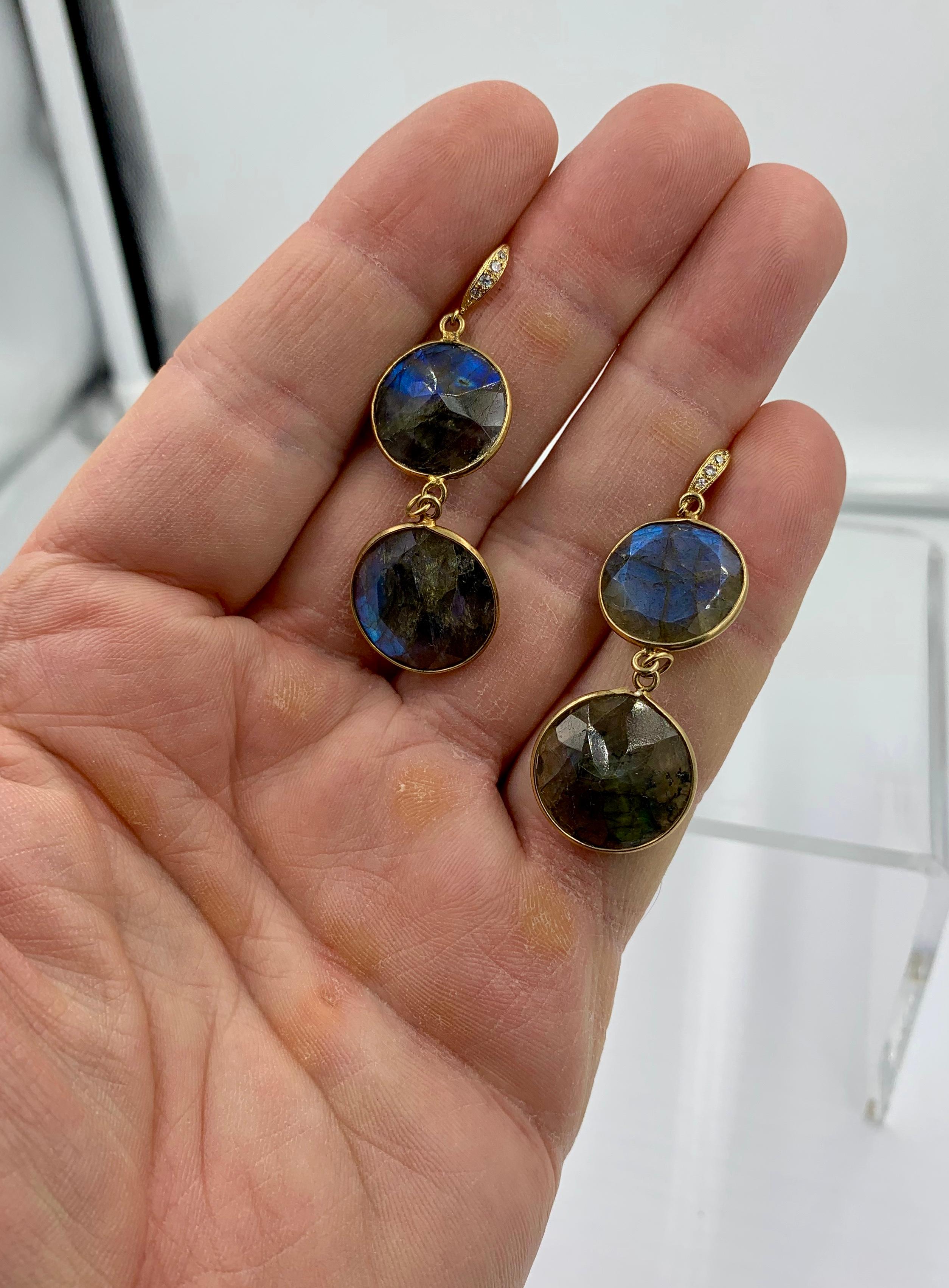 Contemporary Labradorite Diamond Dangle Drop Earrings For Sale