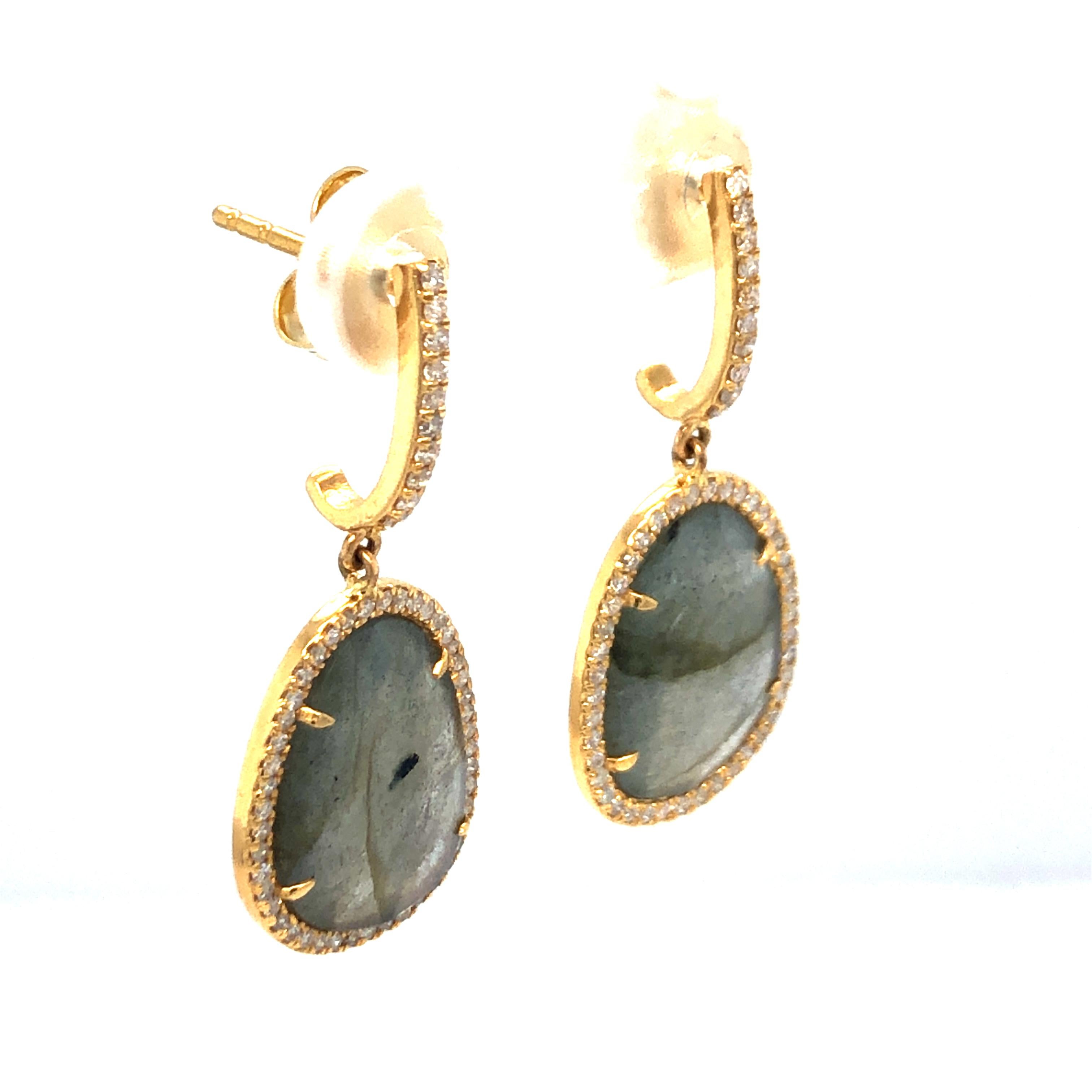 Oval Cut Labradorite Diamond Earrings 18K Yellow Gold For Sale