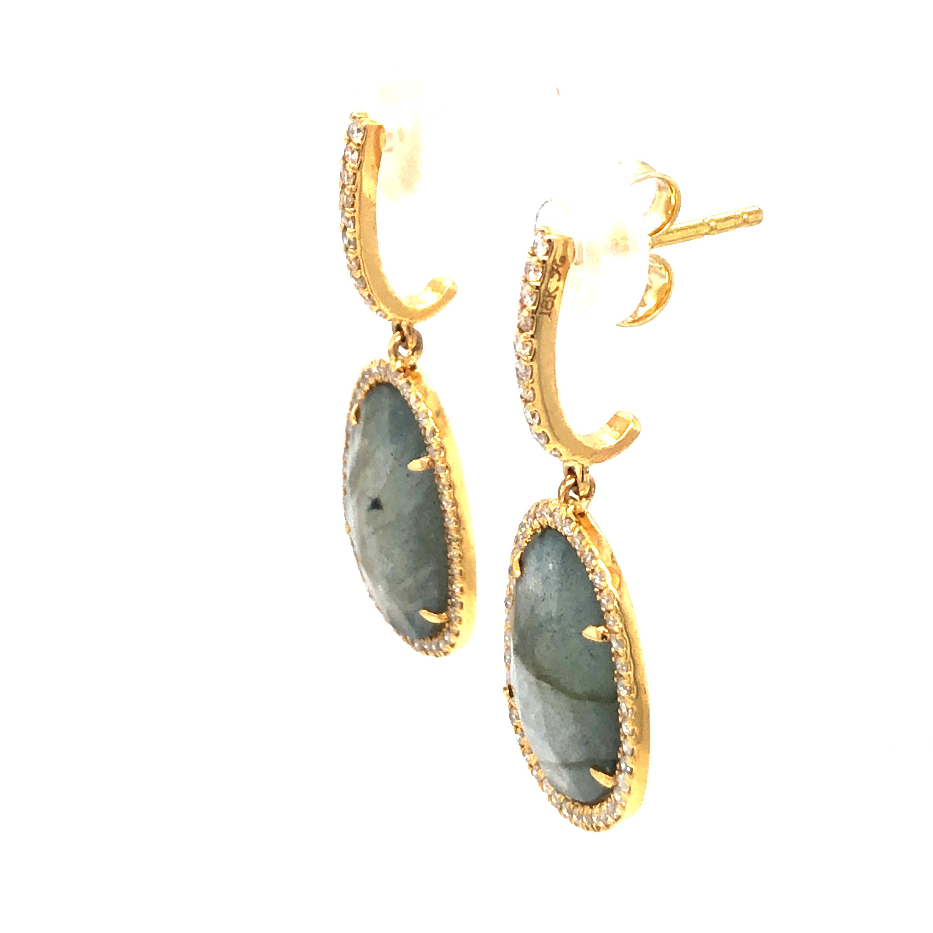 Labradorite Diamond Earrings 18K Yellow Gold In New Condition For Sale In Dallas, TX
