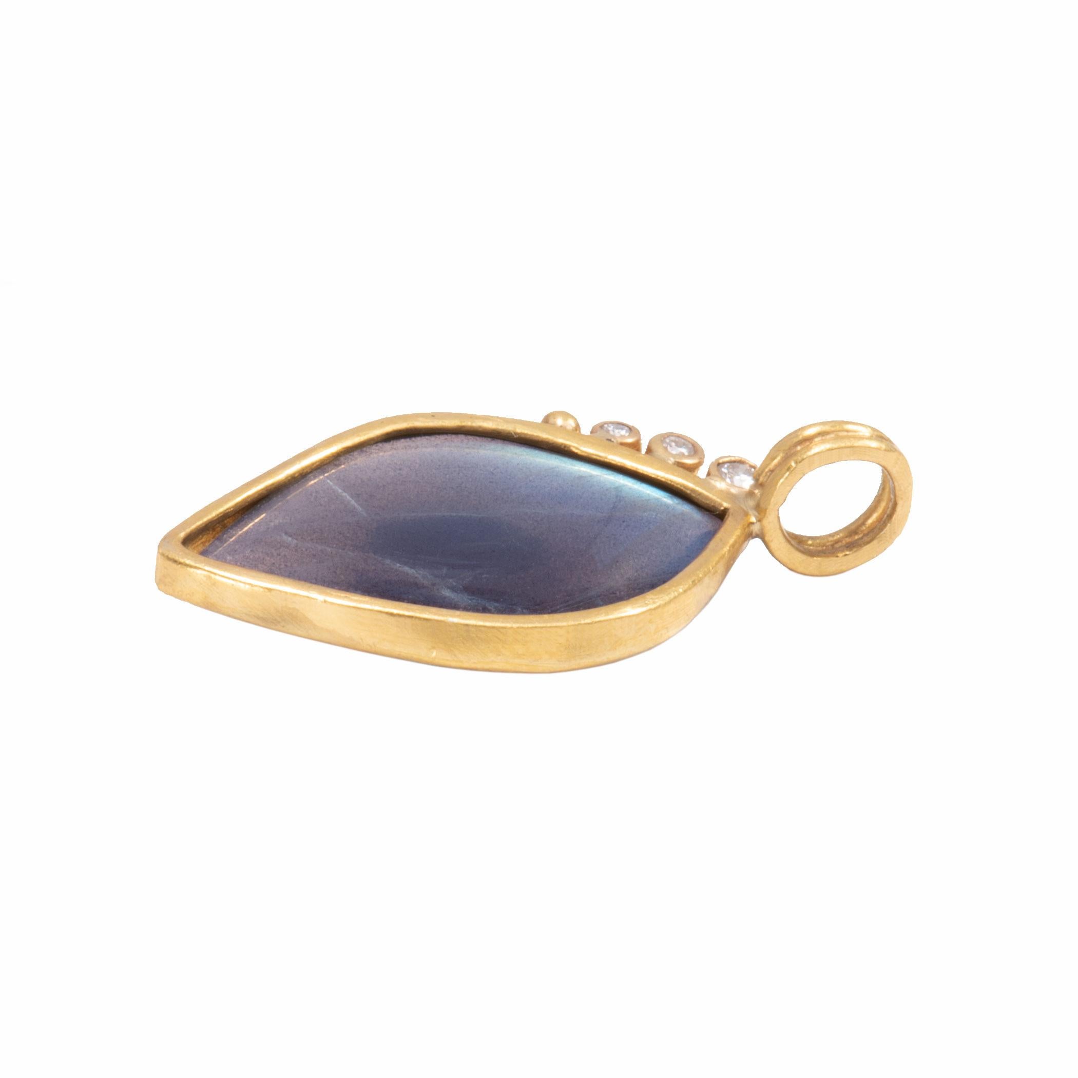 Women's or Men's Labradorite and Diamond Leaf Pendant in 18 Karat Gold For Sale
