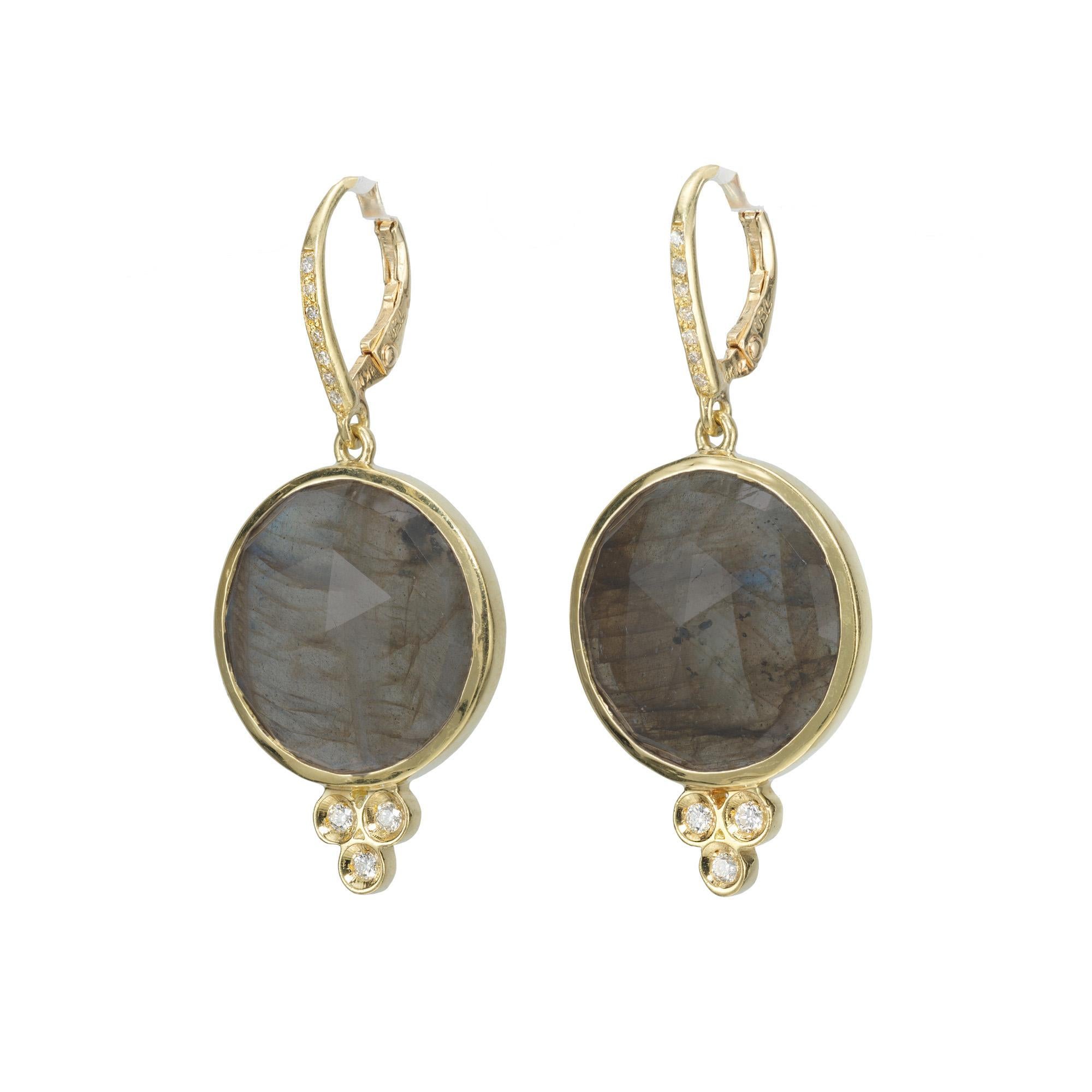 Designer style dangle earrings with rose cut labradorite and diamonds. 2 round bezel set labradorite's set in 18k yellow gold, set in 18k yellow gold settings, each with a 3 accent diamonds. 

2 round faceted blue iridescence labradorite
6 round