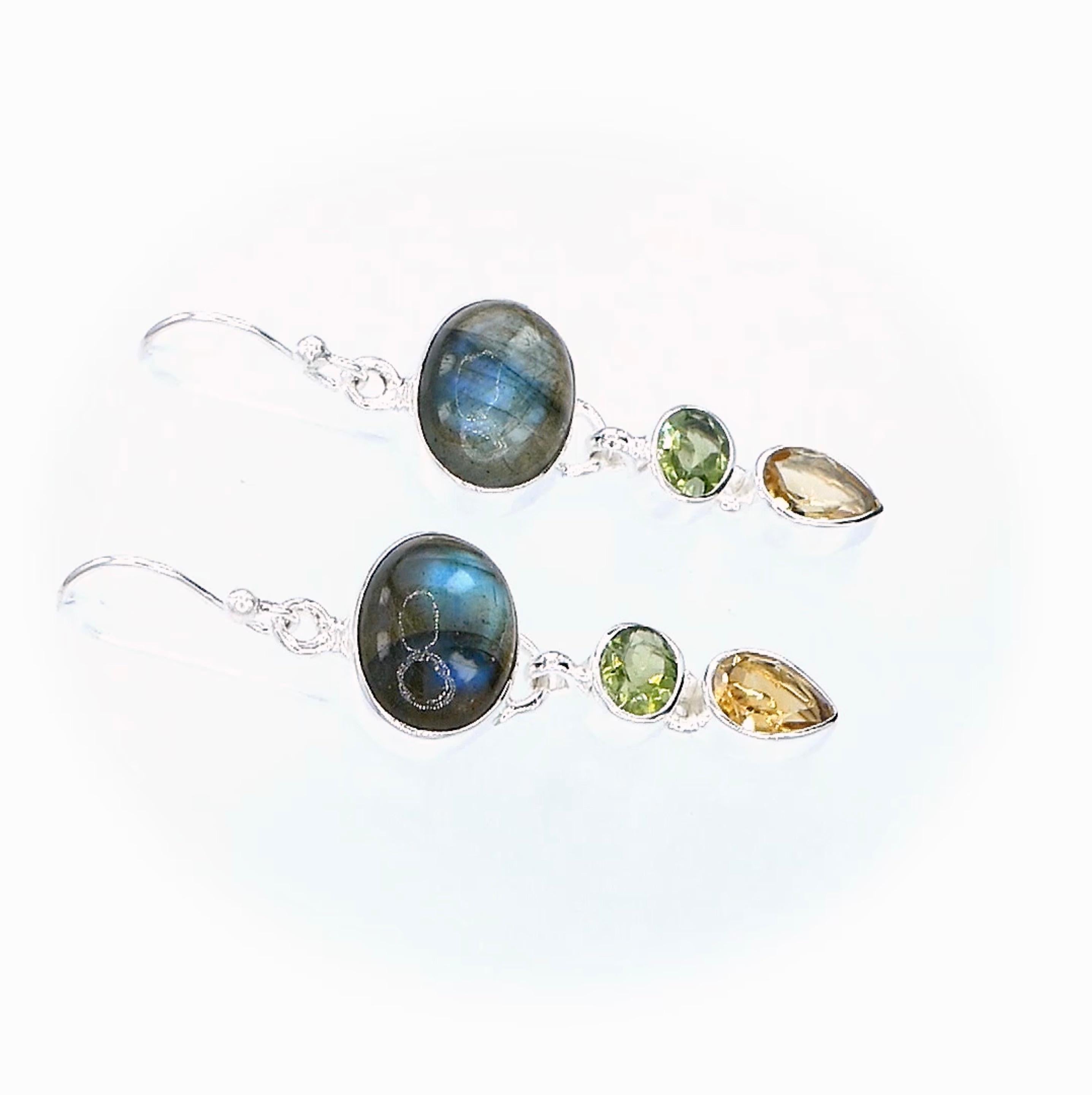 Contemporary Labradorite Earrings with Peridot & Citrine in 925 Sterling Silver For Sale