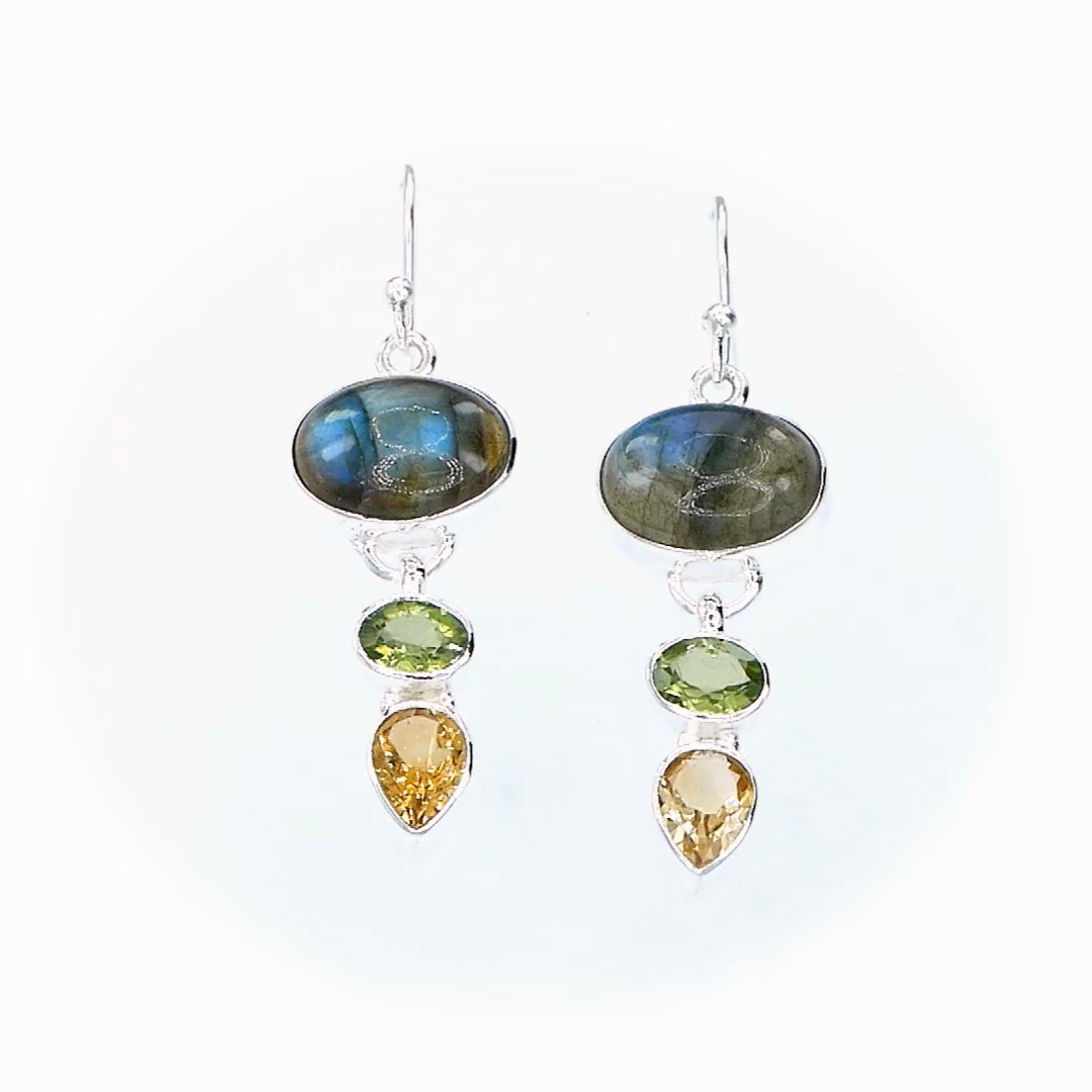 Oval Cut Labradorite Earrings with Peridot & Citrine in 925 Sterling Silver For Sale