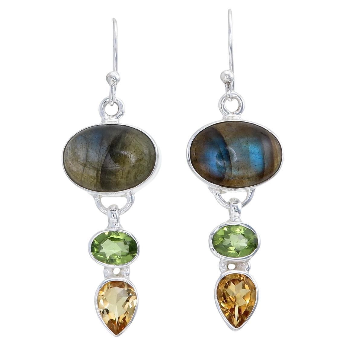 Labradorite Earrings with Peridot & Citrine in 925 Sterling Silver