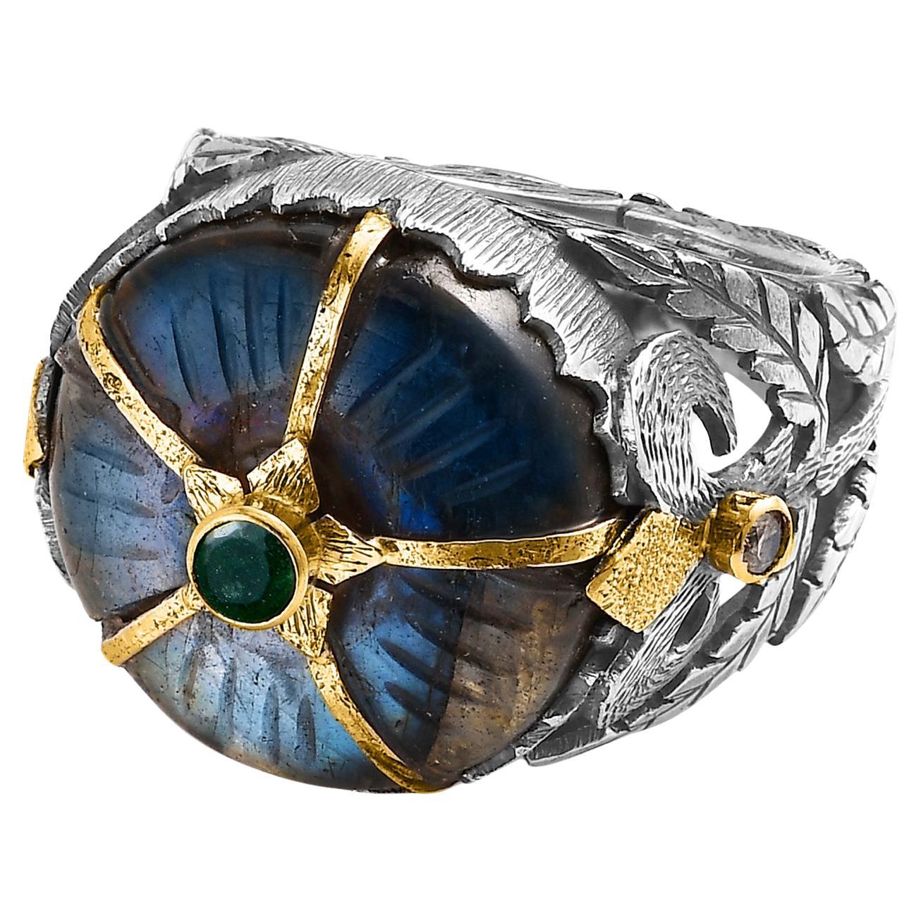 Labradorite Emerald Diamond 18k Gold Silver Cocktail Ring en vente