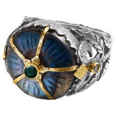 Labradorite Emerald Diamond 18k Gold Silver Cocktail Ring