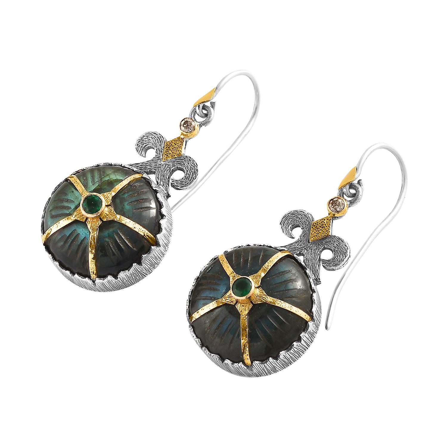 Cabochon Labradorite Emerald Diamond 18k Gold Silver Statement Earrings For Sale