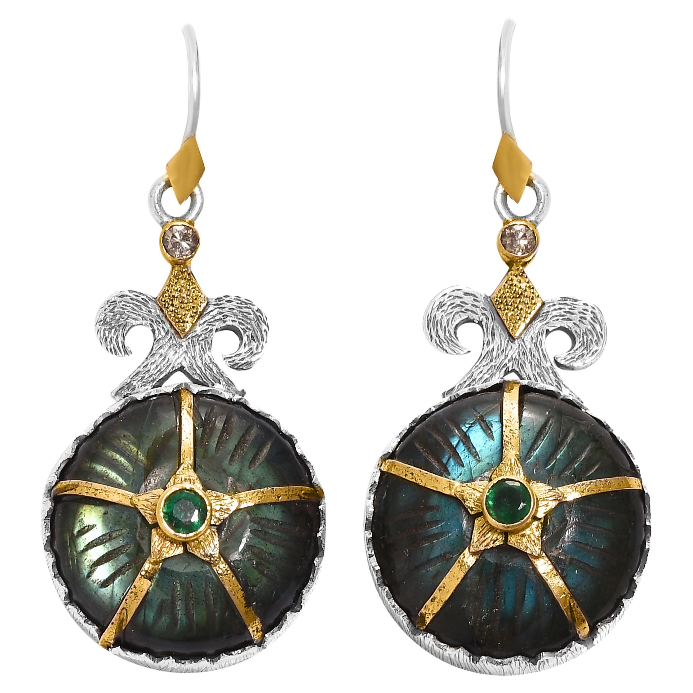 Boucles d'oreilles Labradorite Emeraude Diamant Or 18k Silver