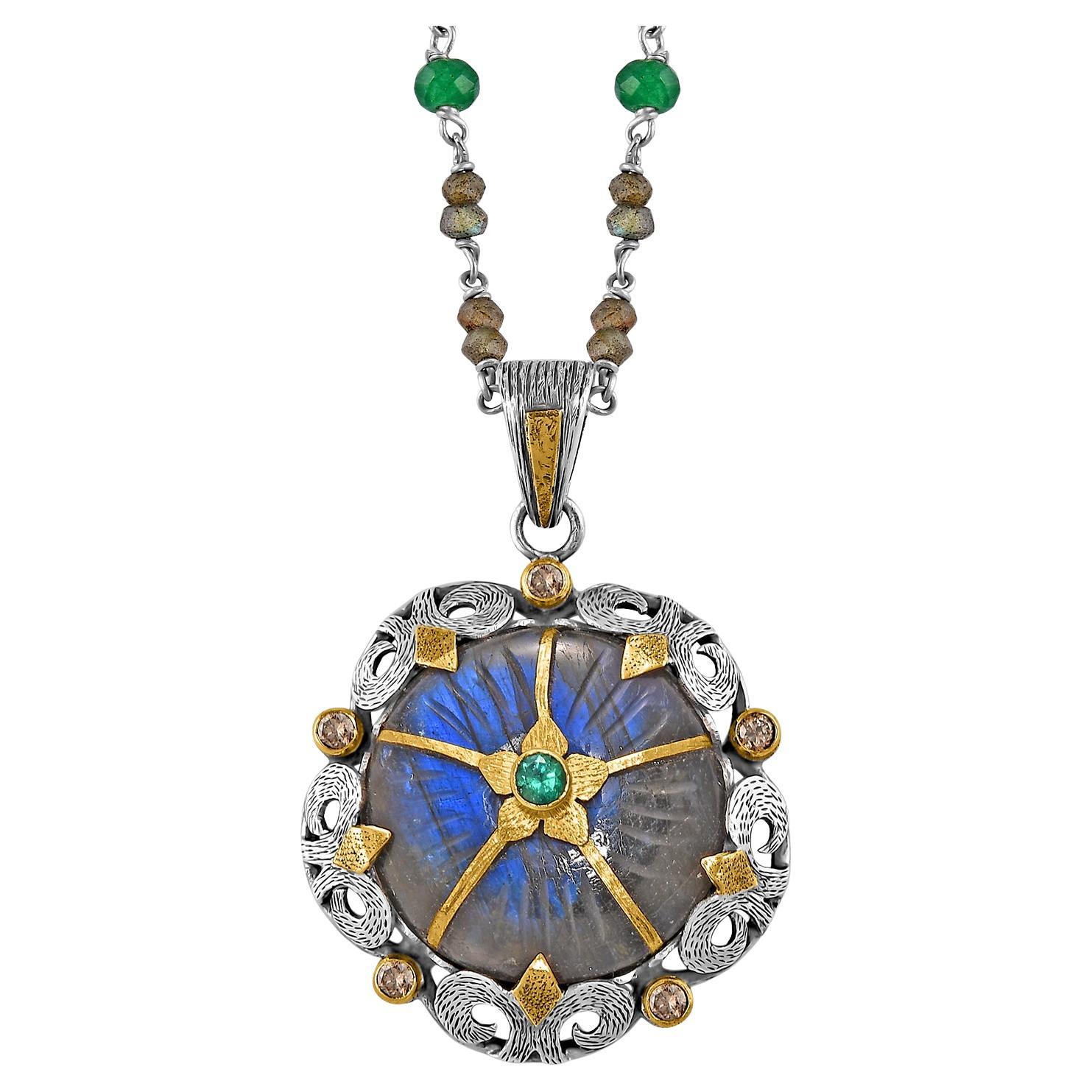 Labradorite Emerald Diamond 18k Gold Silver Statement Pendant