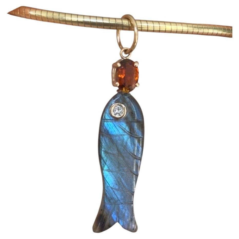 Labradorite Fish Pendant with Diamond, Brown Tourmaline & 14k Gold