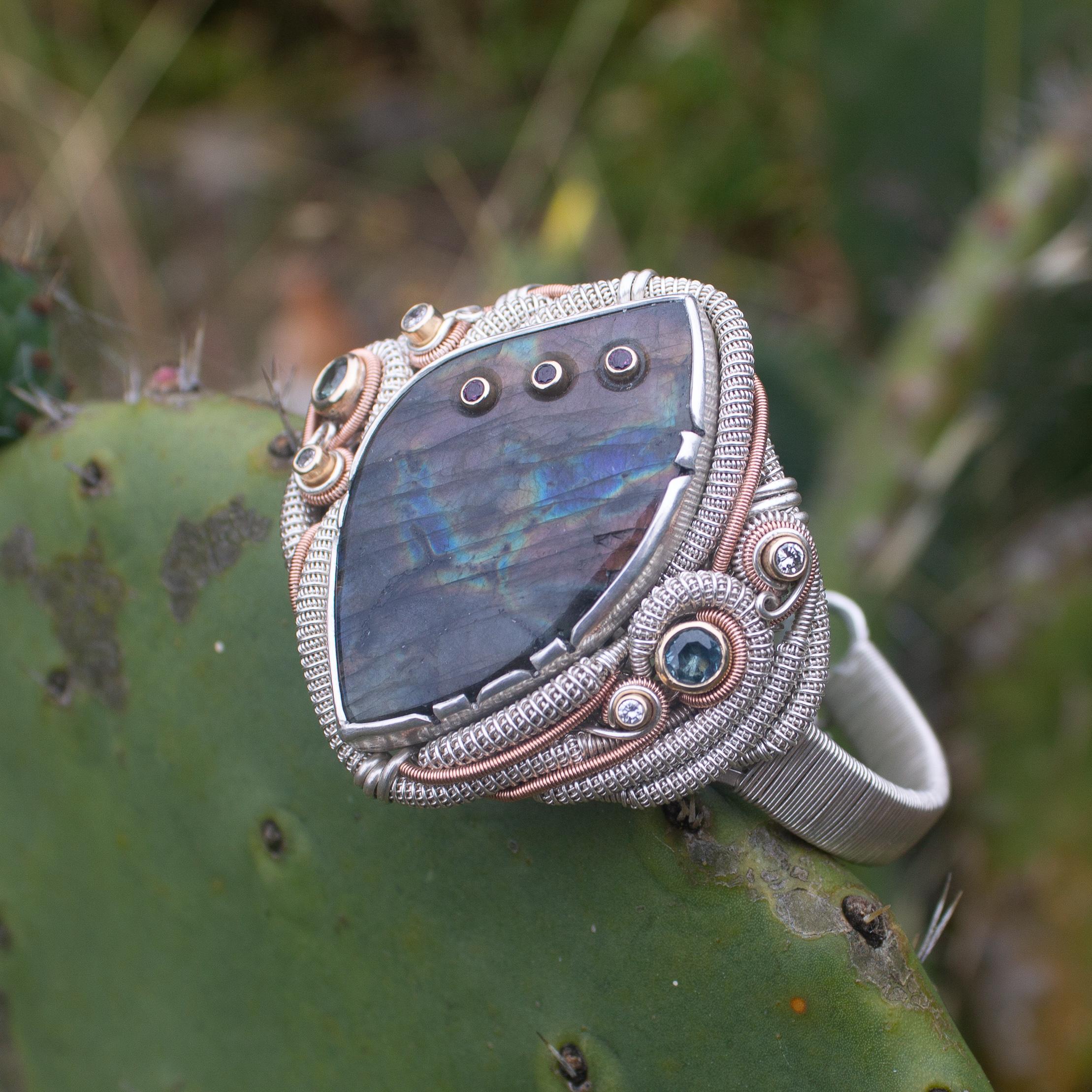 Women's or Men's Labradorite Garnet Montana Sapphires Diamond 14 Karat Gold Wire Wrapped Bracelet For Sale