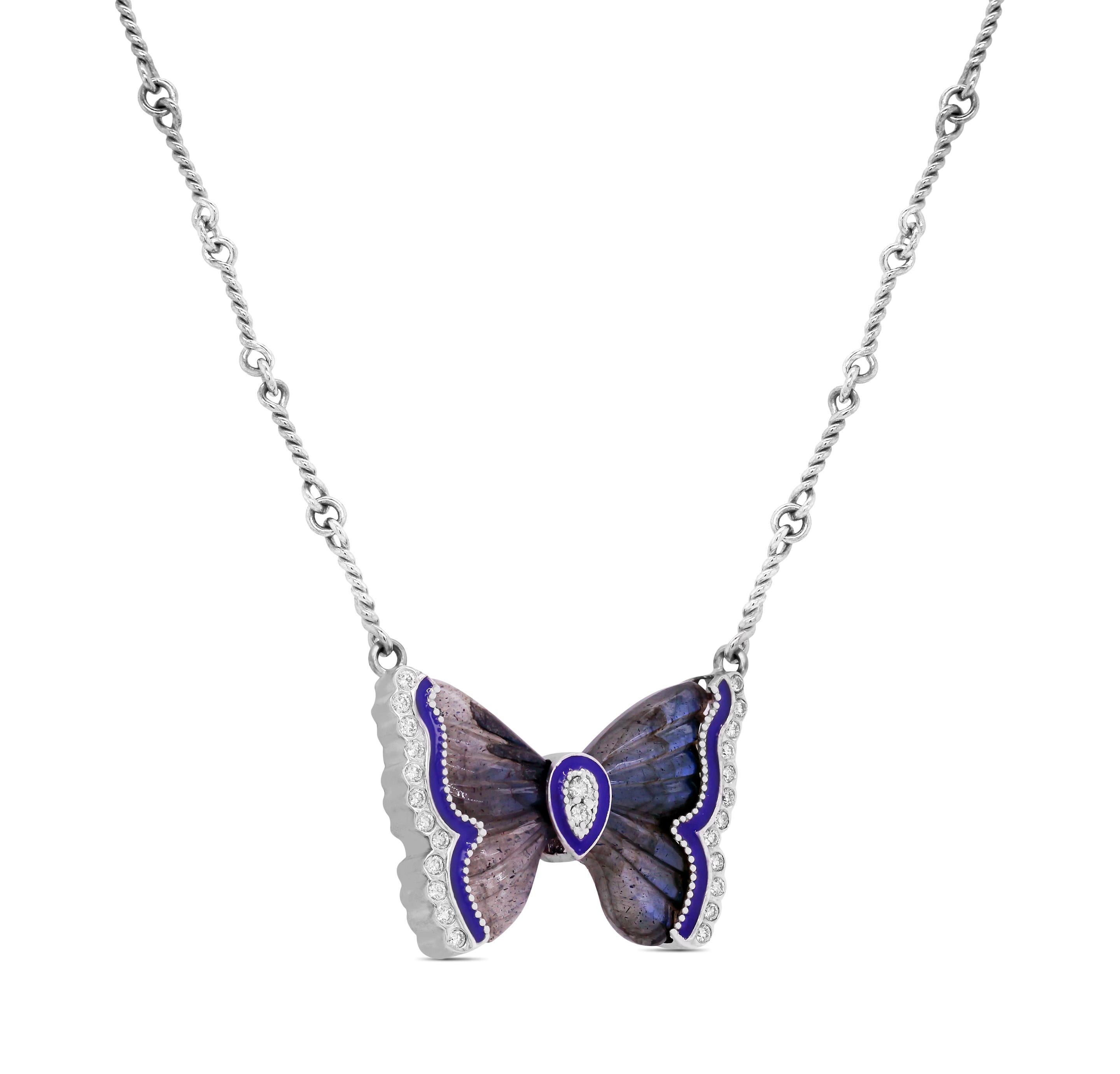 18K Yellow Gold and Diamond Butterfly Pendant Necklace with Labradorite and Purple Enamel by Stambolian

This butterfly is from the 2020 Spring Stambolian collection and features two special cut Labradorites framed with purple enamel and