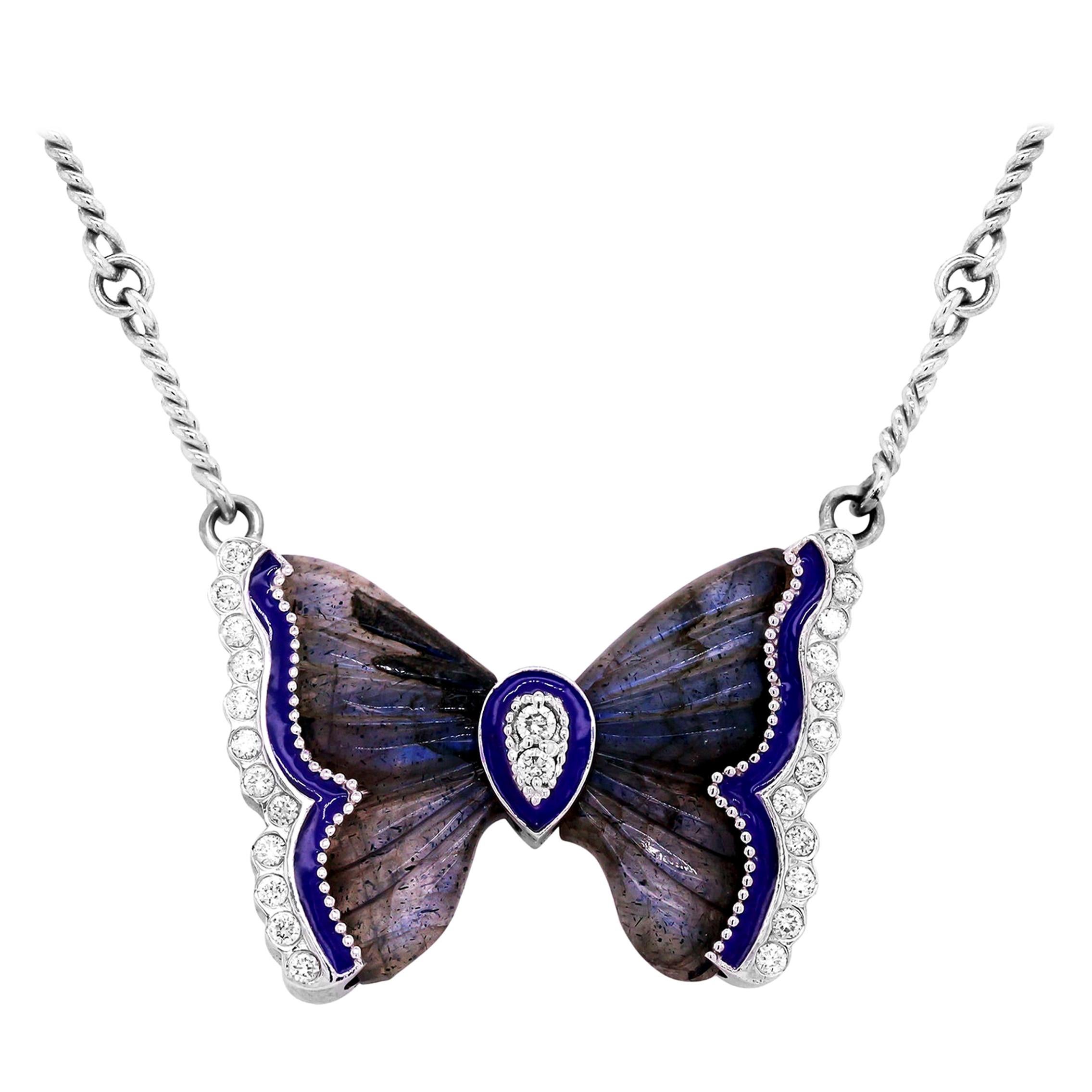 Labradorite Gold and Diamond Butterfly Pendant Necklace Purple Enamel Stambolian