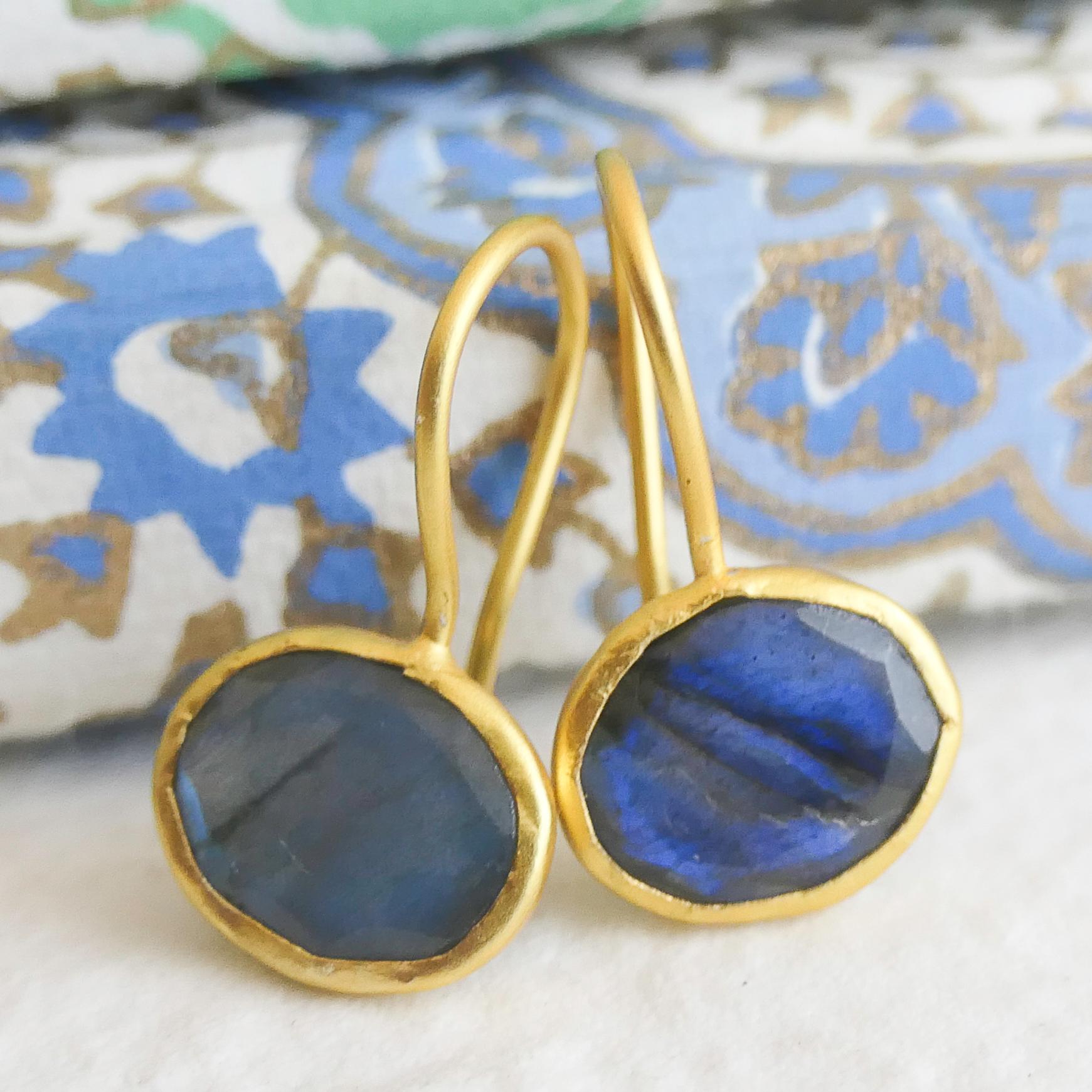 Oval Cut Labradorite Gold Plated Sterling Silver Drop Earrings For Sale