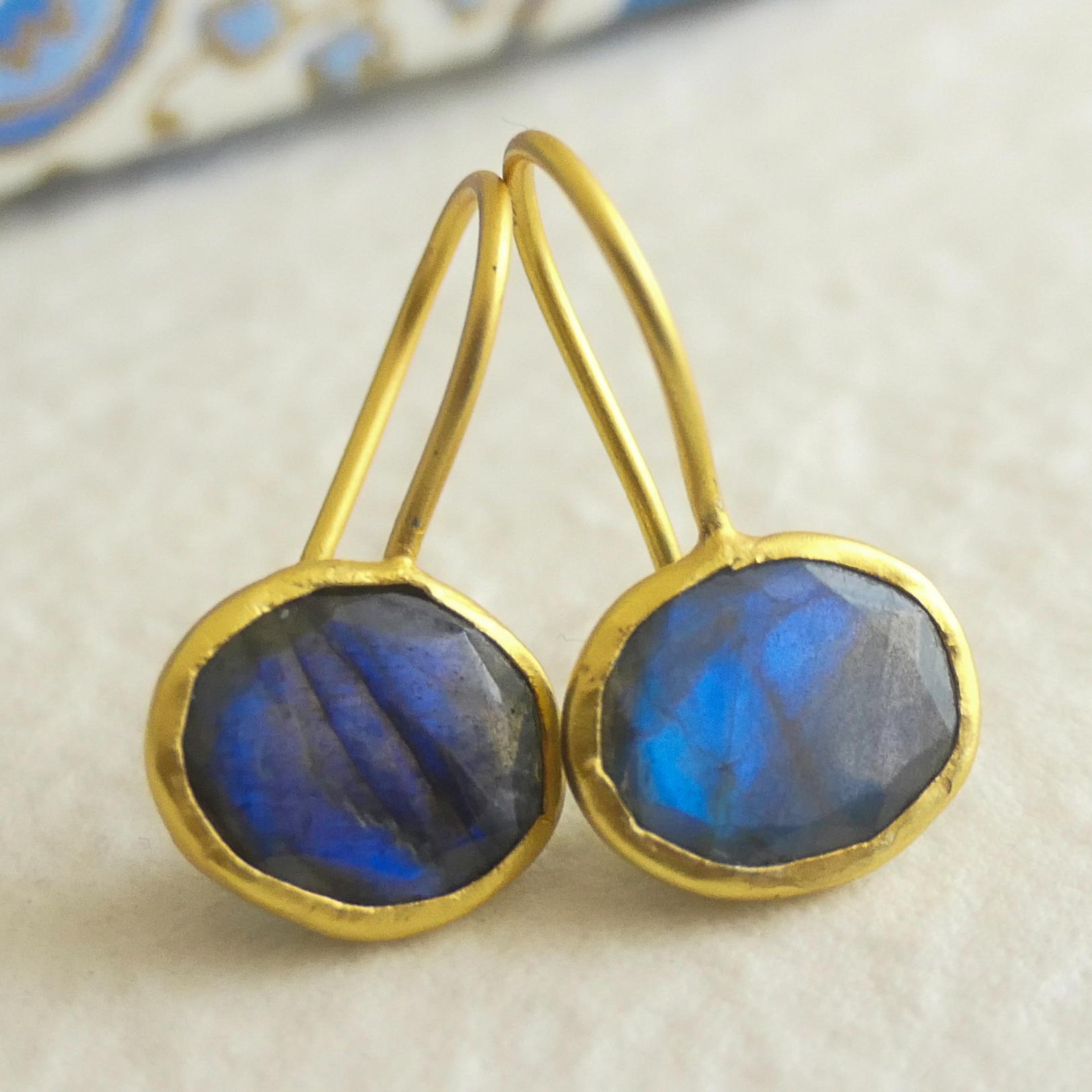 Labradorite Gold Plated Sterling Silver Drop Earrings For Sale 4