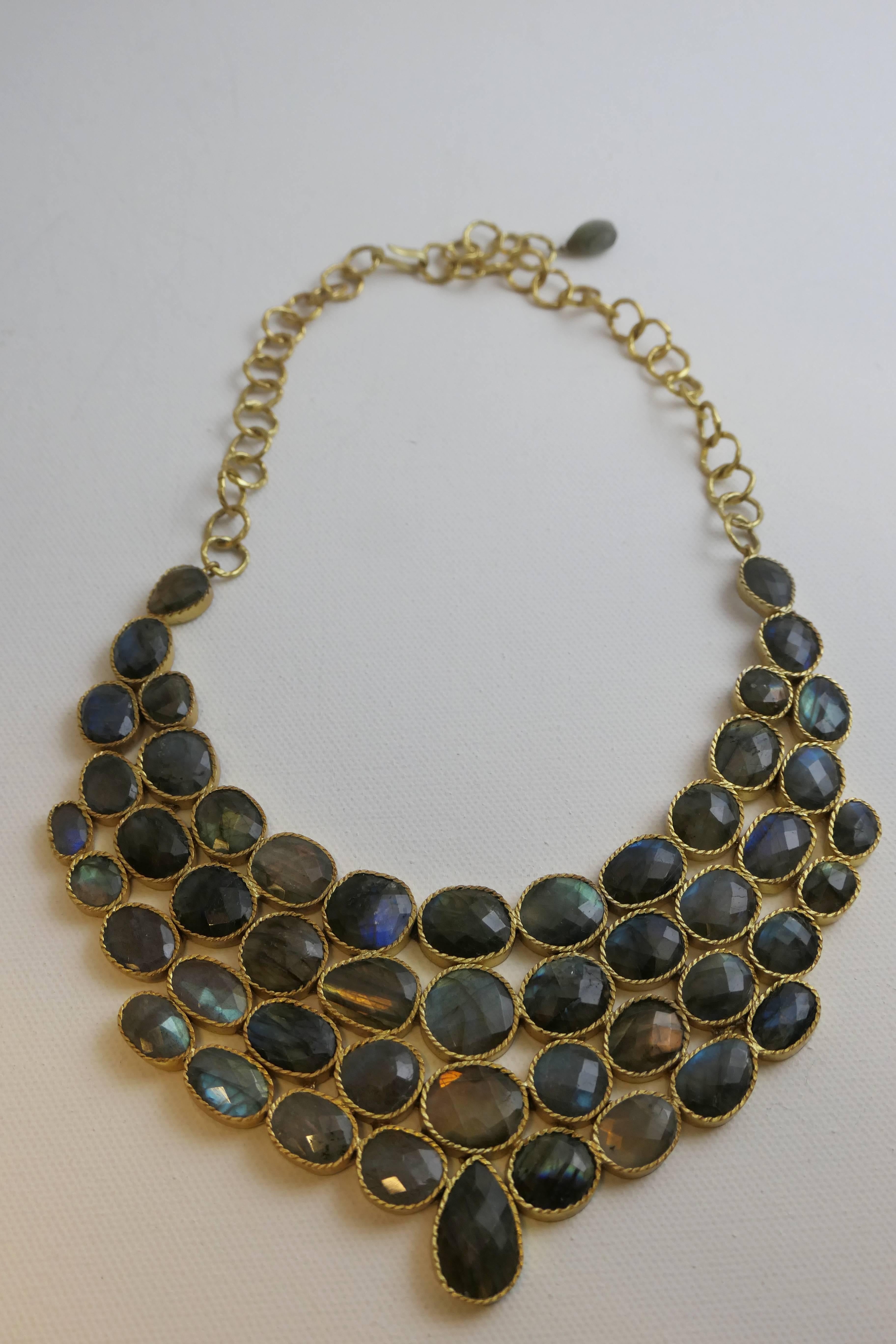 Artisan Labradorite Gold Plated Sterling Silver Statement Bib Necklace For Sale