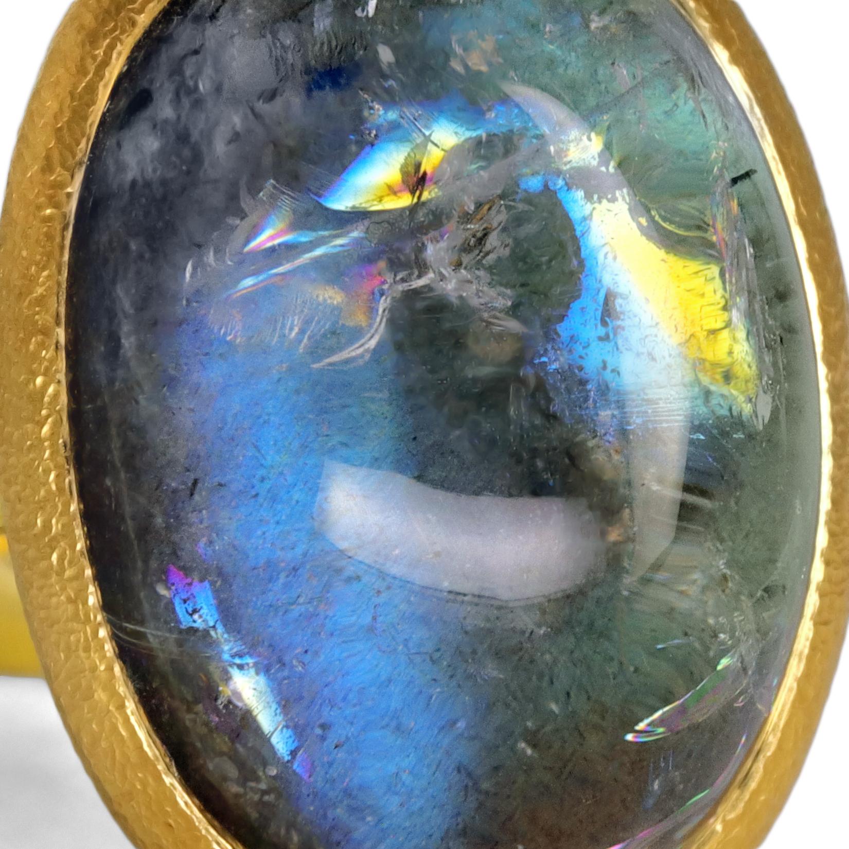 Cabochon Labradorite Iris Quartz One of a Kind Oval Galaxy Gold Ring, Devta Doolan 2024 For Sale