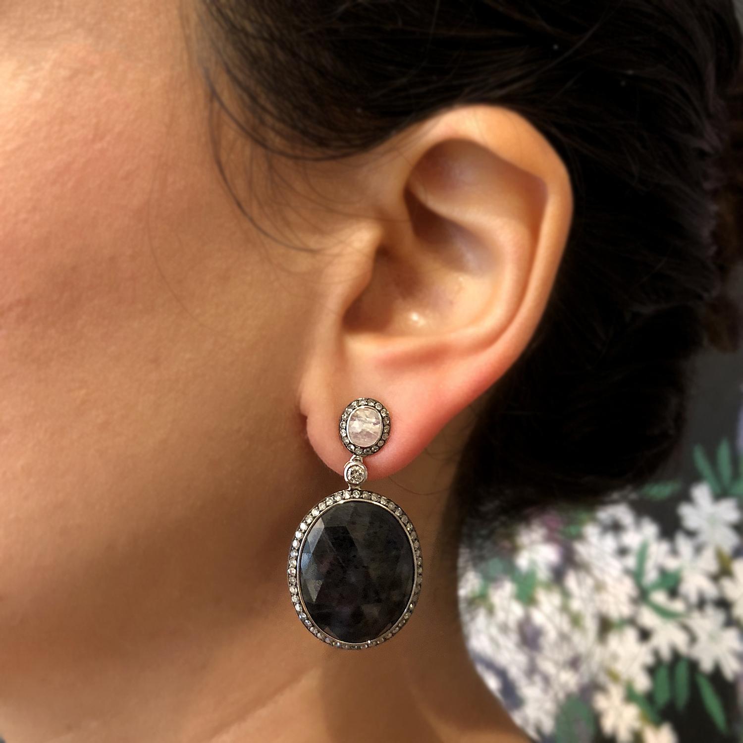 Labradorite Moonstone Diamond Gold Drop Earrings In New Condition In Beverly Hills, CA