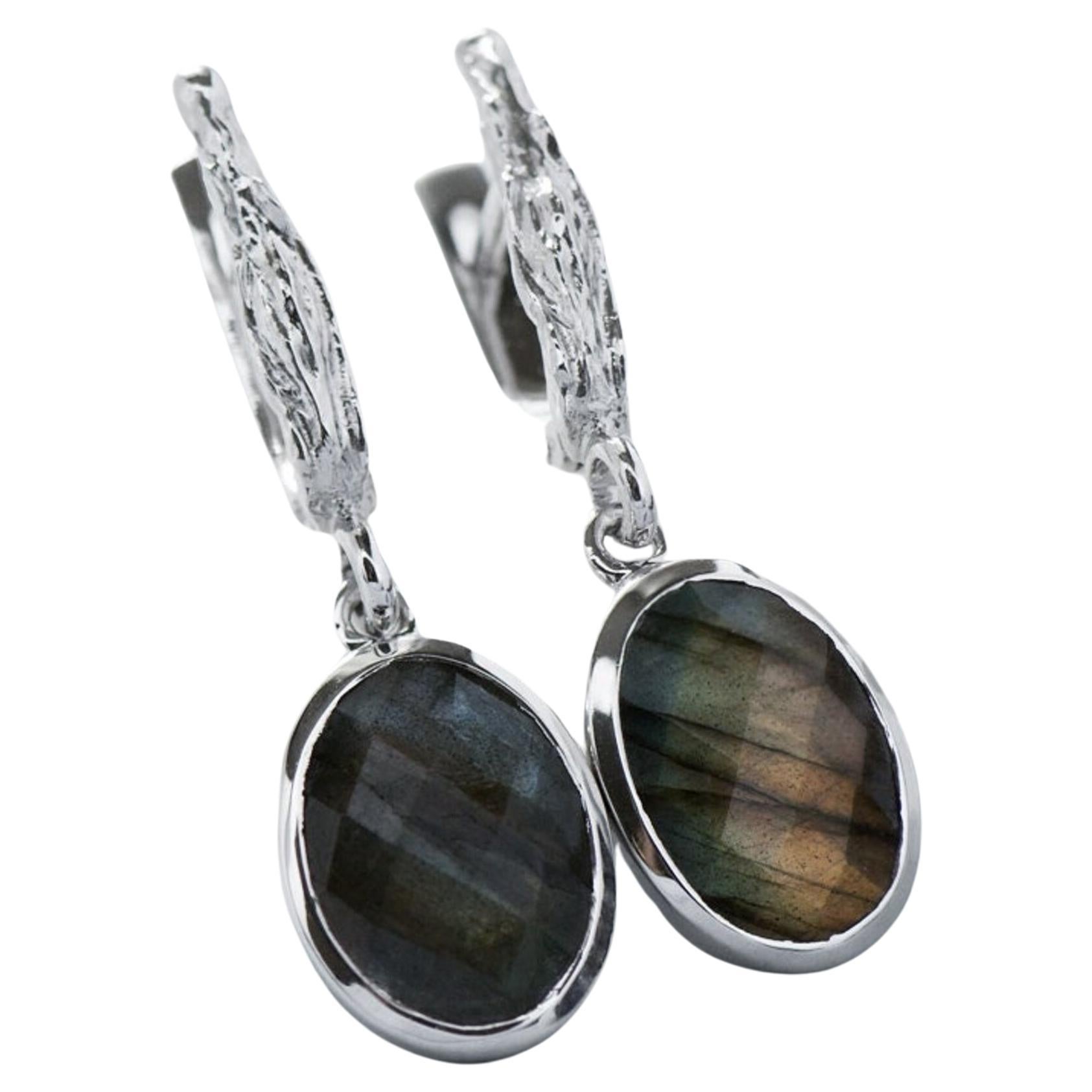 Labradorite Moonstone Silver Earrings Natural Oval Gemstone vintage style gift