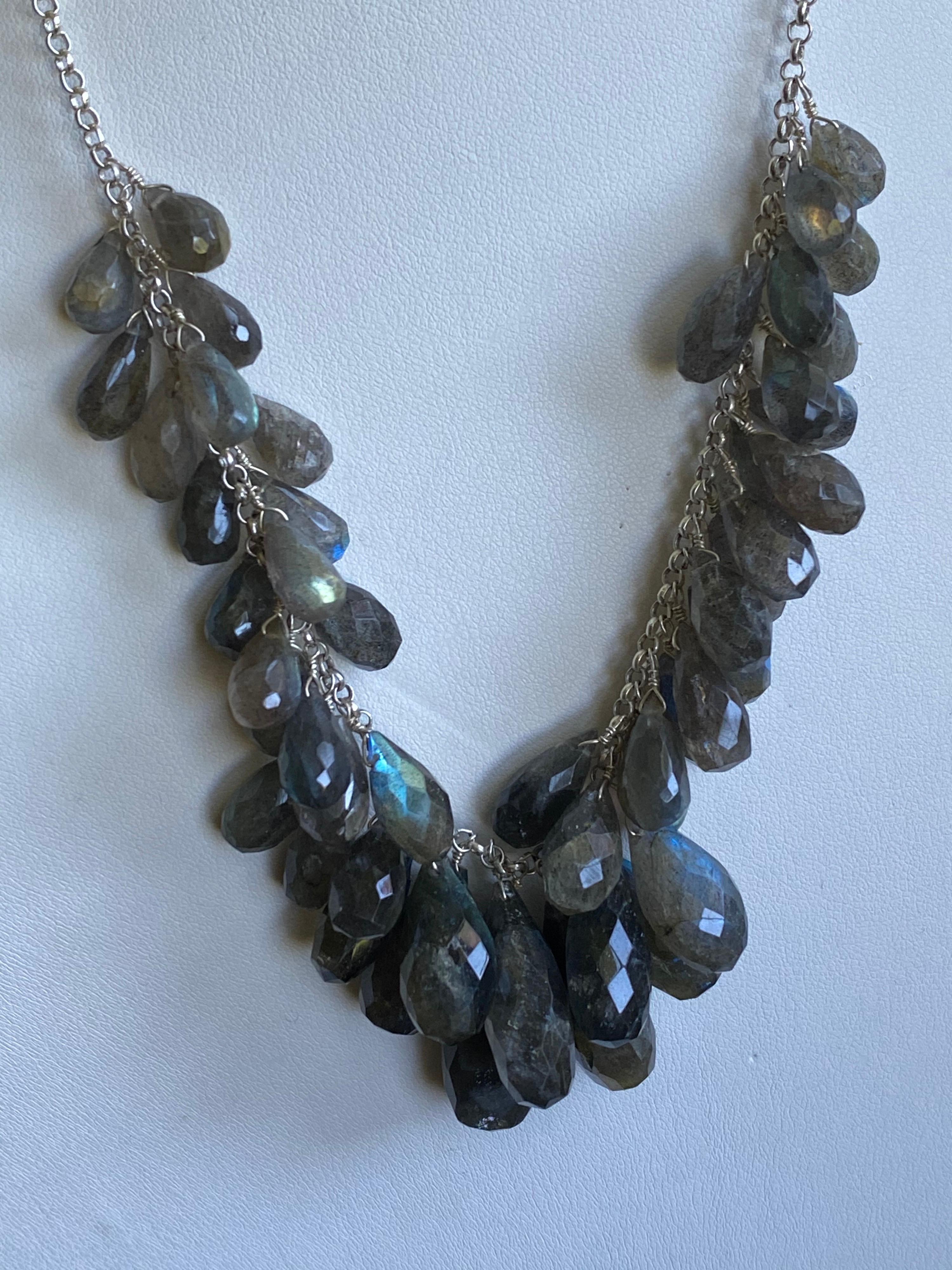Contemporary Labradorite Multi-Briolette Dangle Necklace in Sterling Silver For Sale