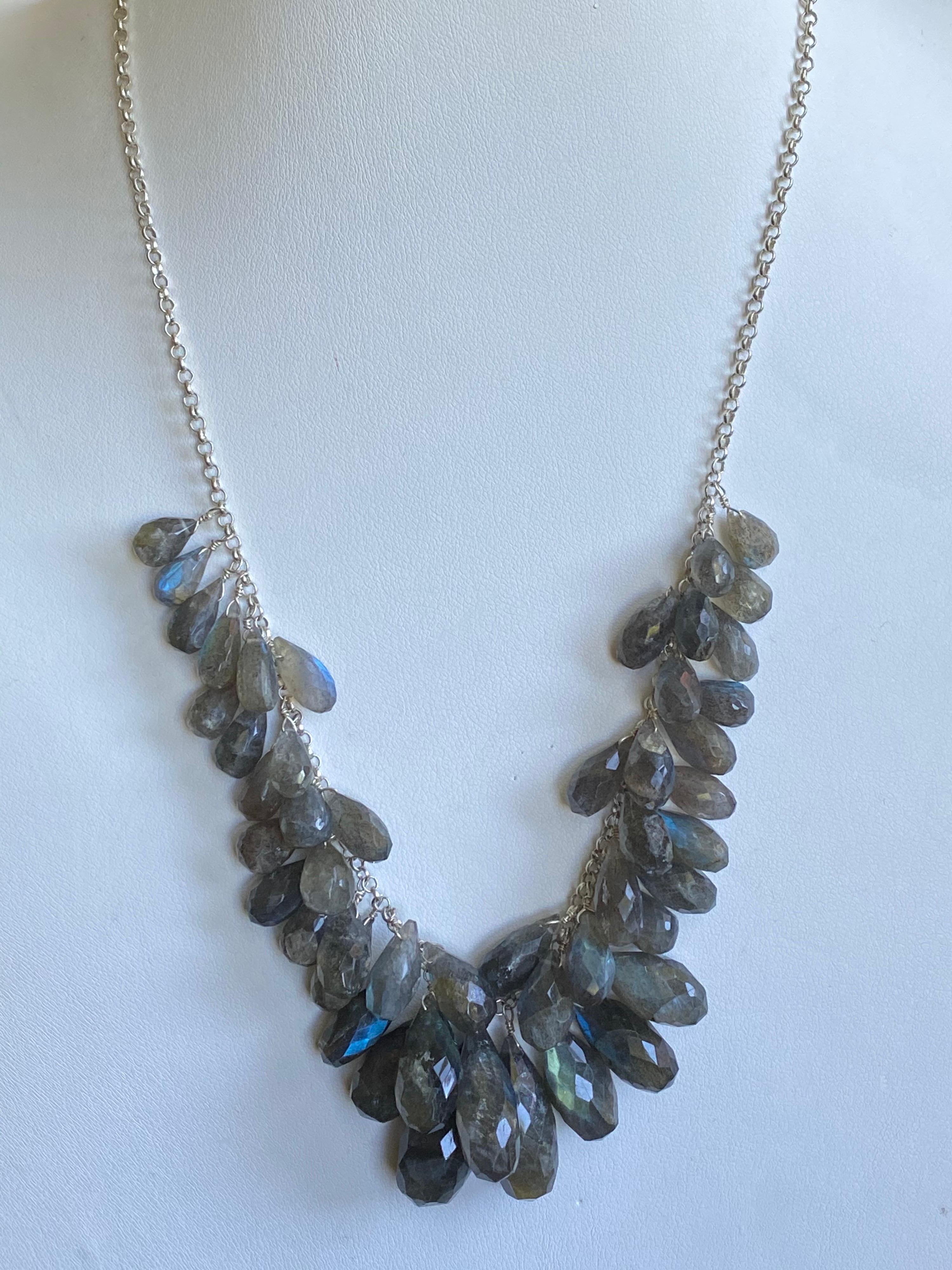 Labradorite Multi-Briolette Dangle Necklace in Sterling Silver In New Condition For Sale In New York, NY