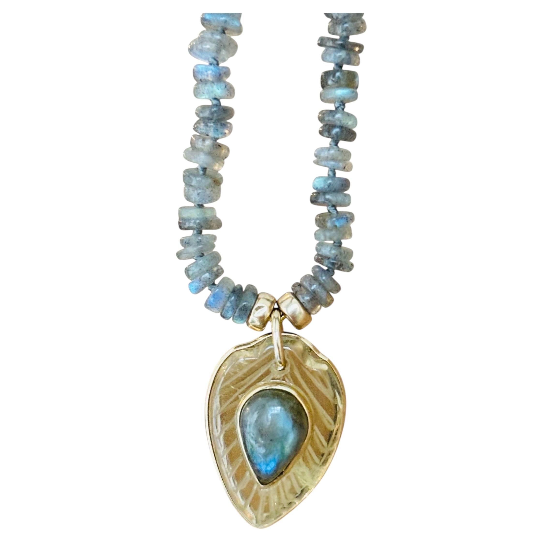 Labradorite & Lemon Quartz Pendant with Beaded Labradorite Necklace in 14k Gold