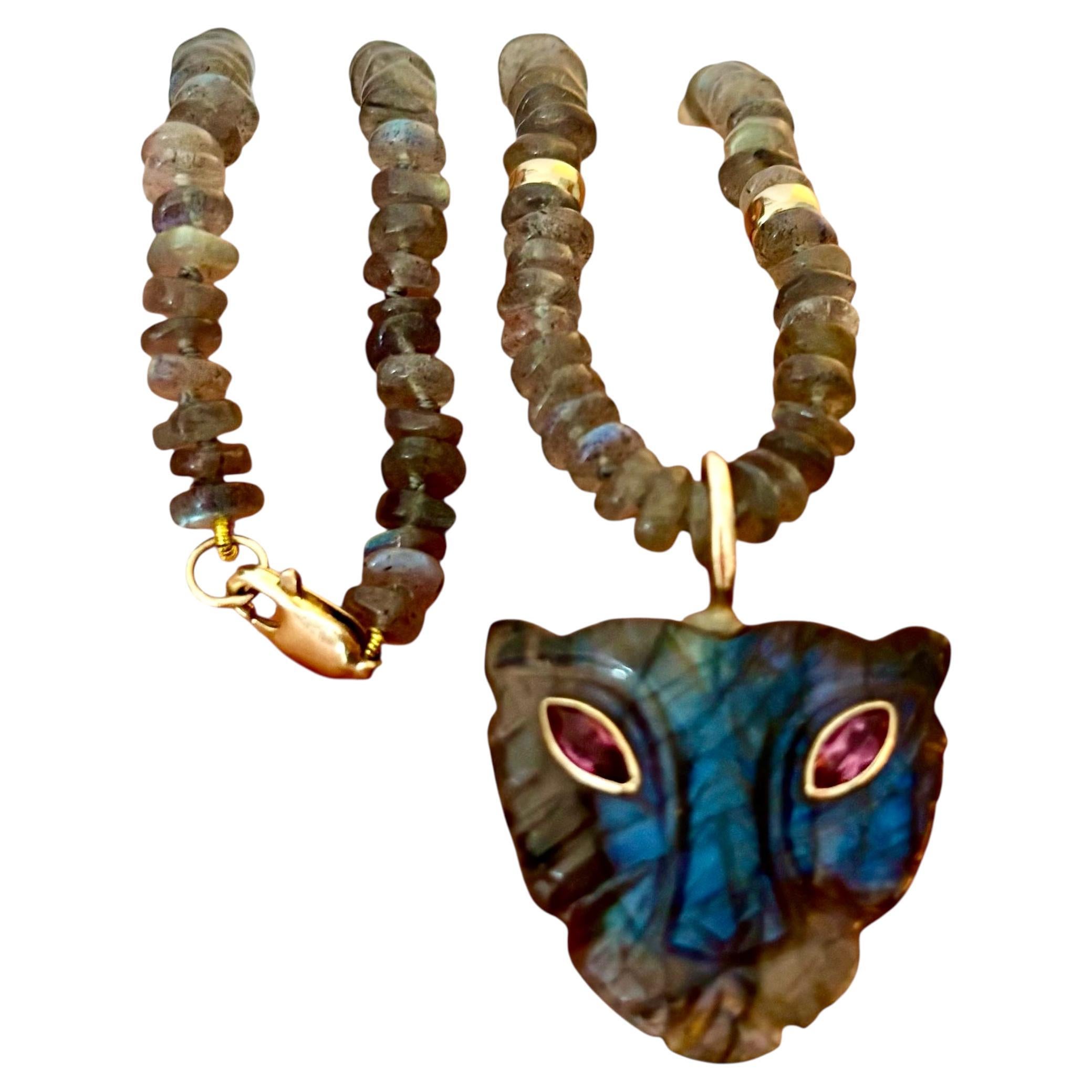 LABRADORITE NECKLACE with LIONESS PENDANT, 14K GOLD & PINK TOPAZ