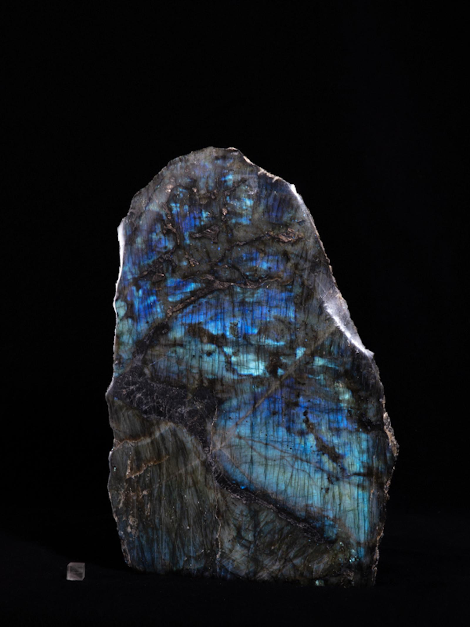 Labradorite is named after the Canadian peninsula of Labrador where the rock was first found and described.
It is a plagioclase feldspar that rarely if ever forms crystals and if crystals do occur they are almost always fused. One usually finds