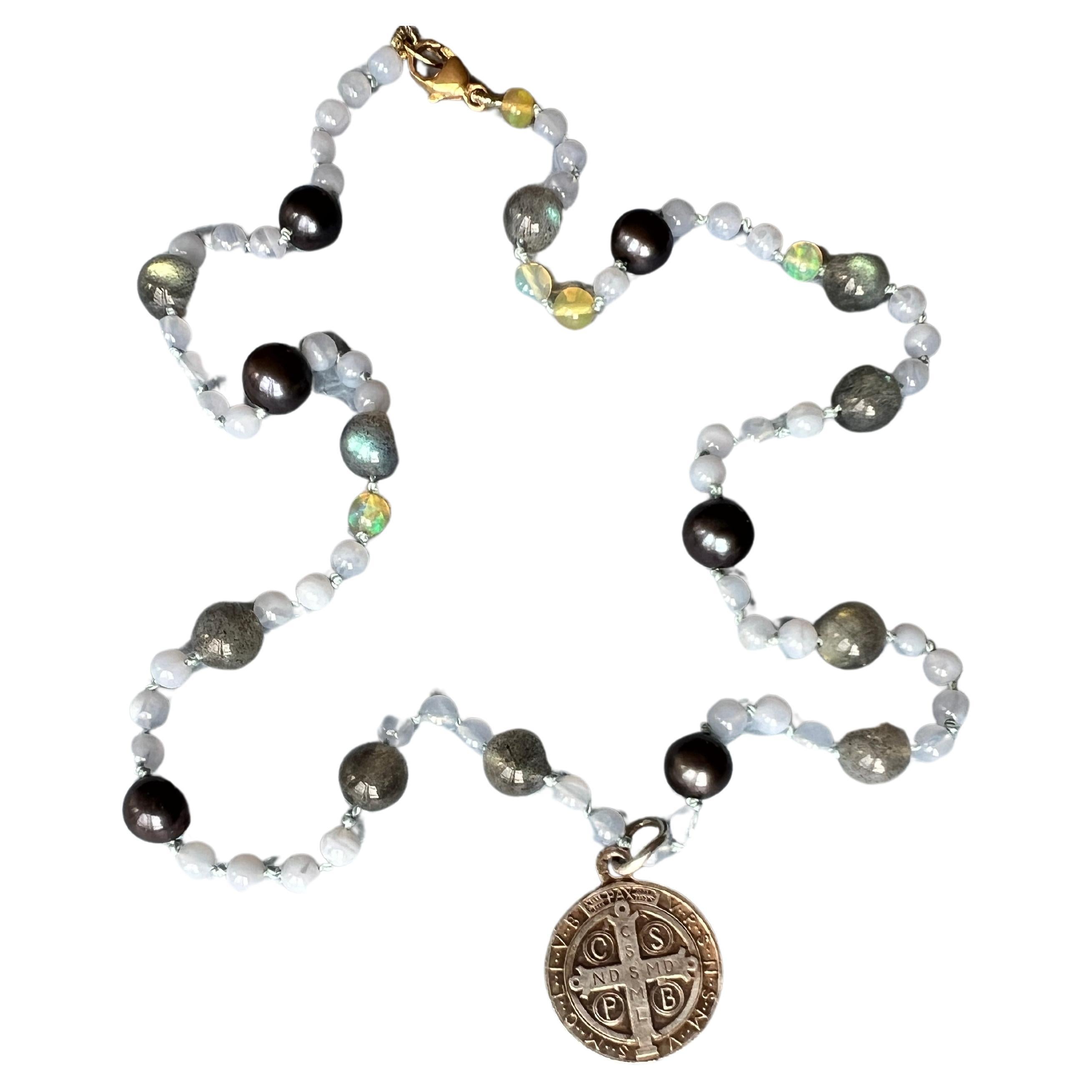 Grey Labradorite Egyptian Opal and Lilac Bead Necklace with a Vintage French Silver Medal with a cross on one side
Gold Filled Clasp

41 Cm

Designer: J DAUPHIN 

Made in Los Angeles

Available for immediate delivery 