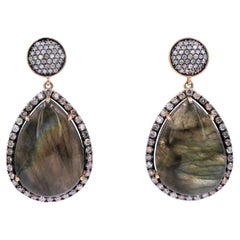 Labradorit 14K Gold Ohrringe, birnenförmige Tropfenform, graues Silber, Diamanten, Halo