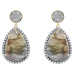 Labradorite Pear Drop Shape Grey Silver Diamonds Halo Drop 14k Gold Earrings