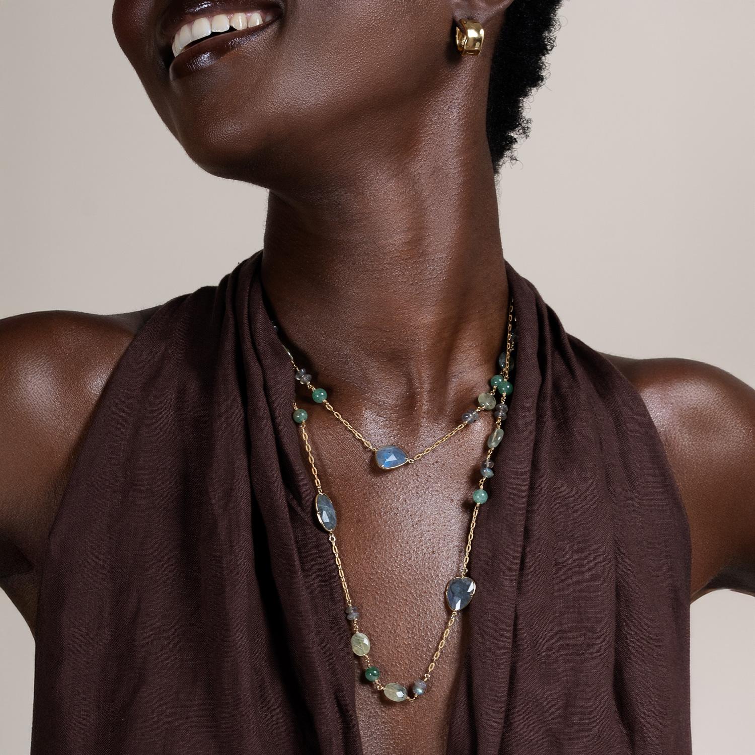 Labradorite, Prehnite & Agate Array Necklace In Gold Vermeil In New Condition For Sale In London, GB