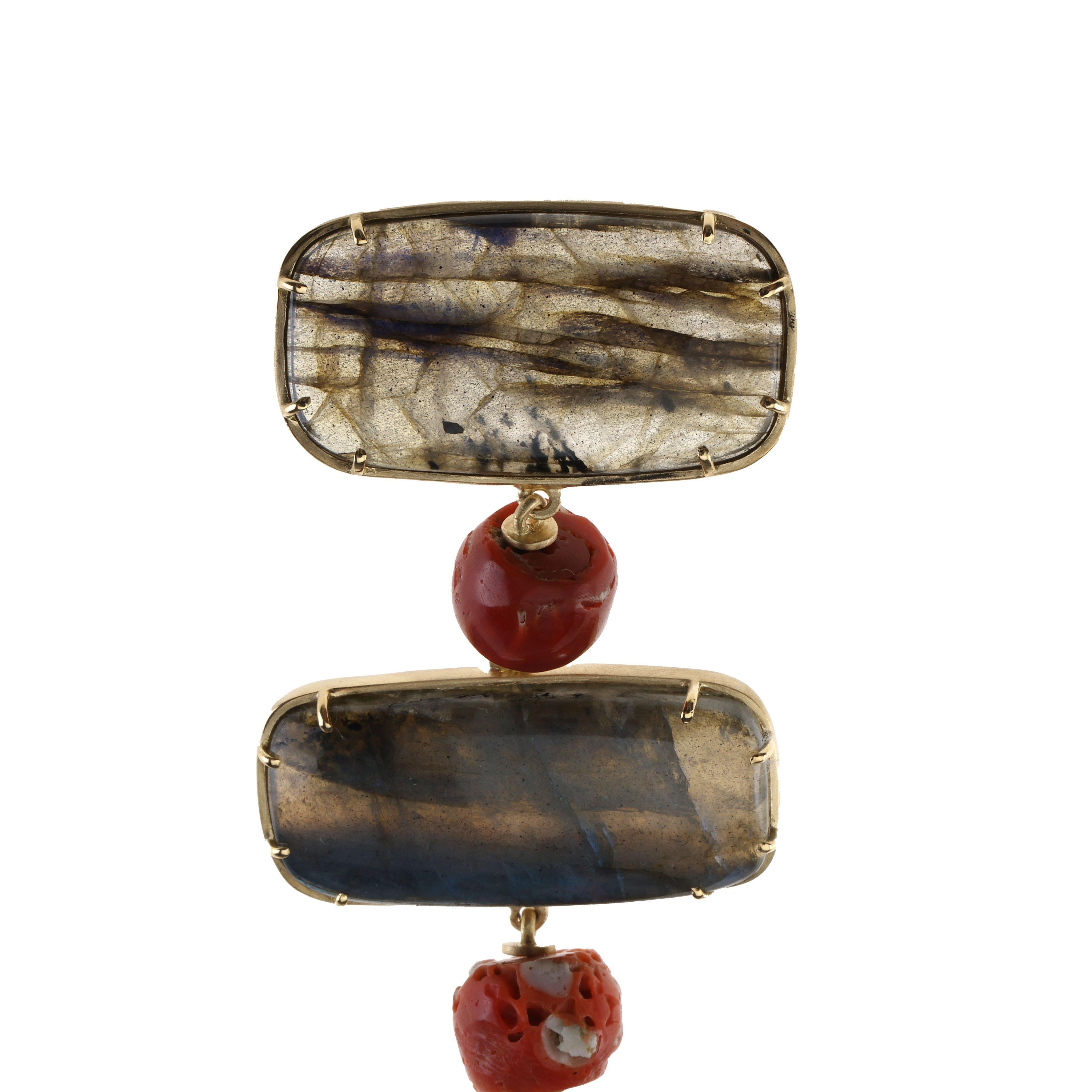 Artisan Labradorite Red Italian Coral 18 Karat Gold Pendant Necklace For Sale