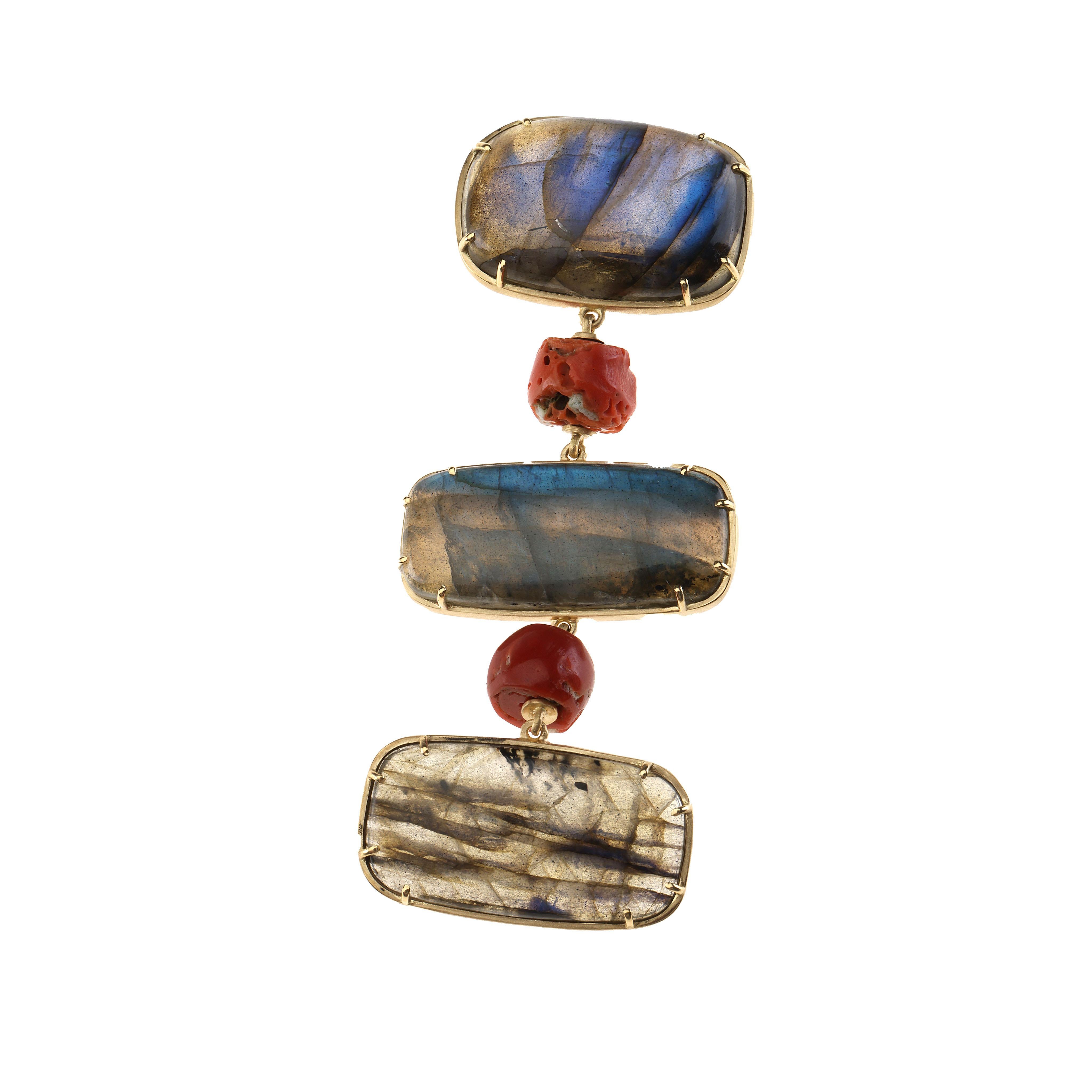 Labradorite Red Italian Coral 18 Karat Gold Pendant Necklace In New Condition For Sale In Milan, IT