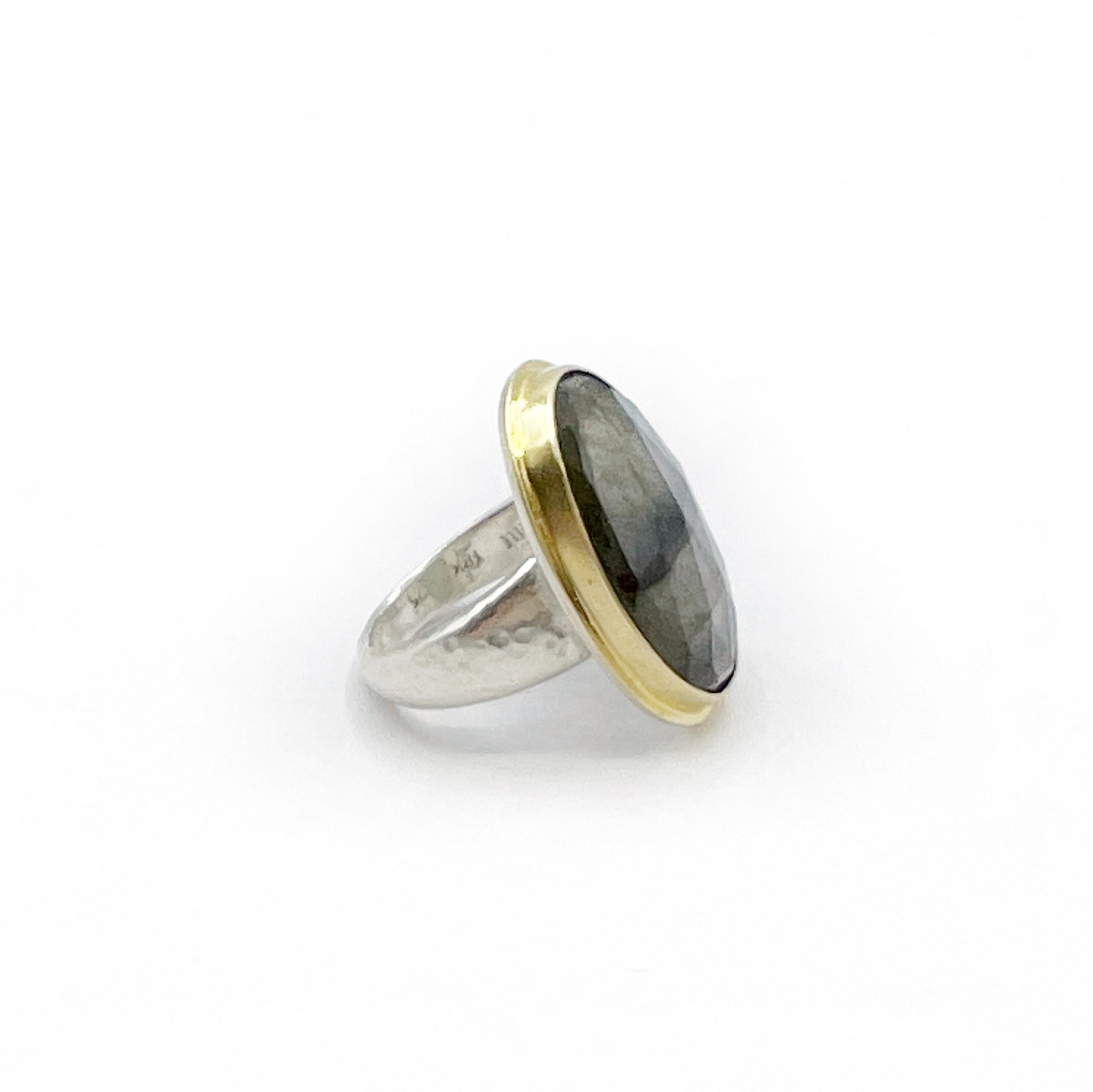 Romantic Labradorite Rose 18 Carat Cut Oval Set in 18 Karat with Hammered Silver Ring For Sale